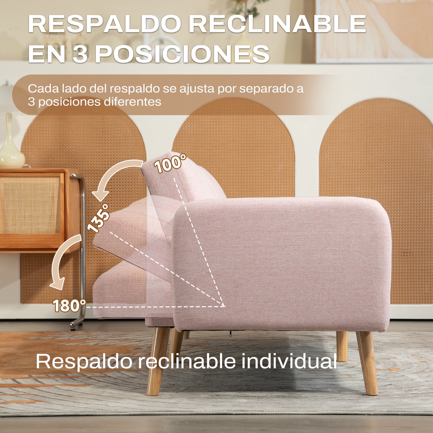 HOMCOM Sofá Cama de 2 Plazas Moderno Sofá Cama Plegable Tapizado en Lino Sintético con Respaldo Ajustable en 3 Niveles y Reposabrazos Desmontables para Salón Oficina 173x75x73 cm Rosa