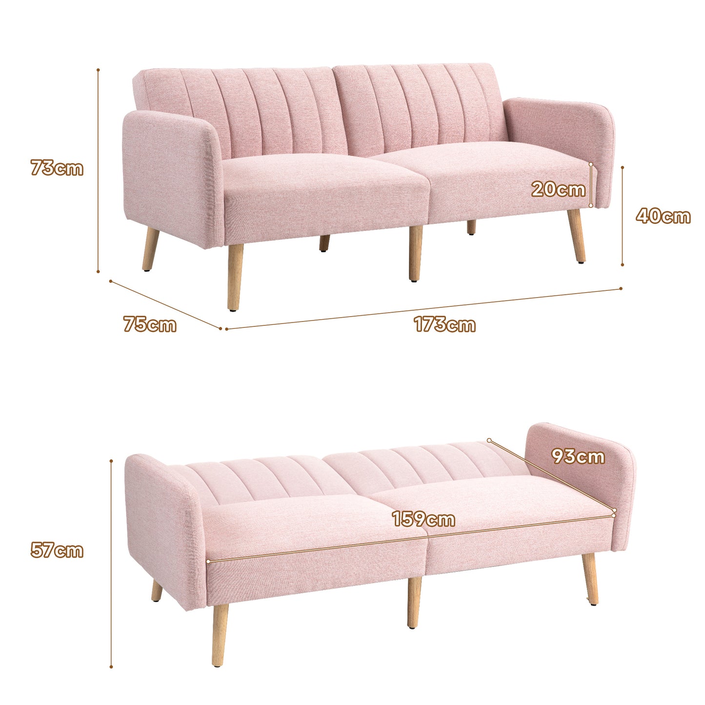 HOMCOM Sofá Cama de 2 Plazas Moderno Sofá Cama Plegable Tapizado en Lino Sintético con Respaldo Ajustable en 3 Niveles y Reposabrazos Desmontables para Salón Oficina 173x75x73 cm Rosa