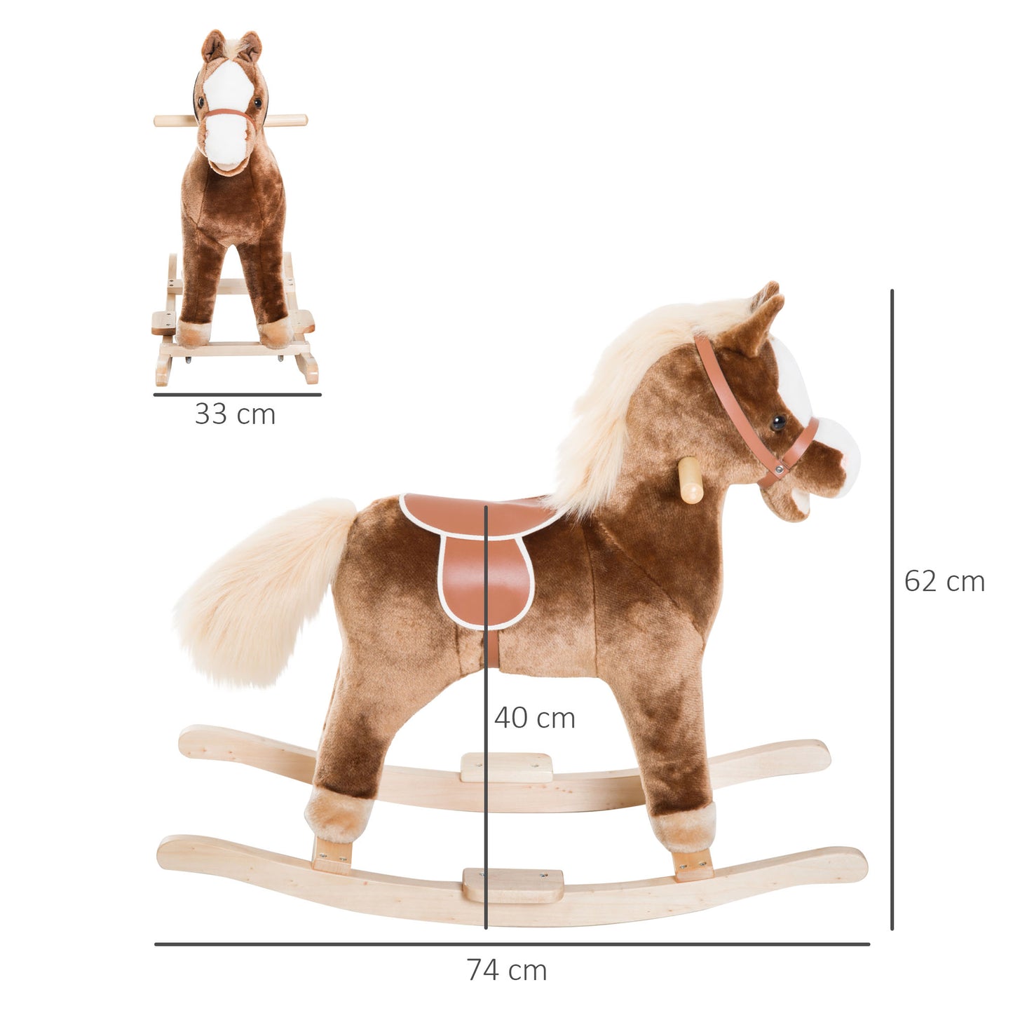 HOMCOM Caballo Balancín para Niños de +3 Años Caballo de Juguete con Asas Marco de Metal y Base de Madera Carga 40 kg 74x33x62 cm Marrón