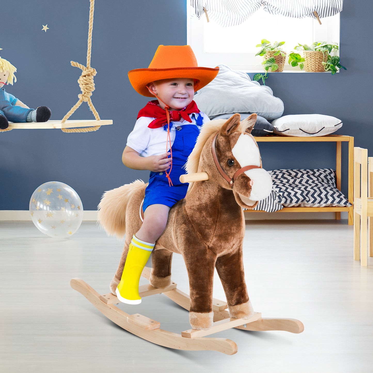 HOMCOM Caballo Balancín para Niños de +3 Años Caballo de Juguete con Asas Marco de Metal y Base de Madera Carga 40 kg 74x33x62 cm Marrón