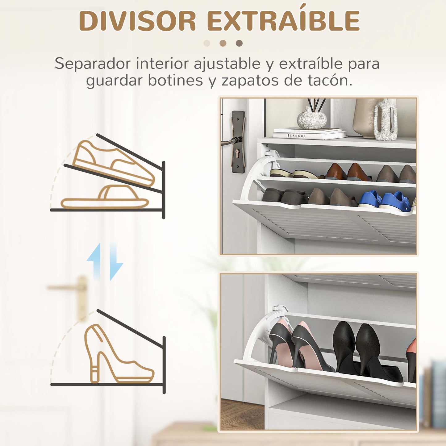 HOMCOM Zapatero Moderno Zapatero de Entrada Recibidor con 2 Cajones Abatibles y Estantes Ajustables para 16 Pares de Zapatos Zapatero Estrecho para Pasillo 81,5x25x83 cm Blanco