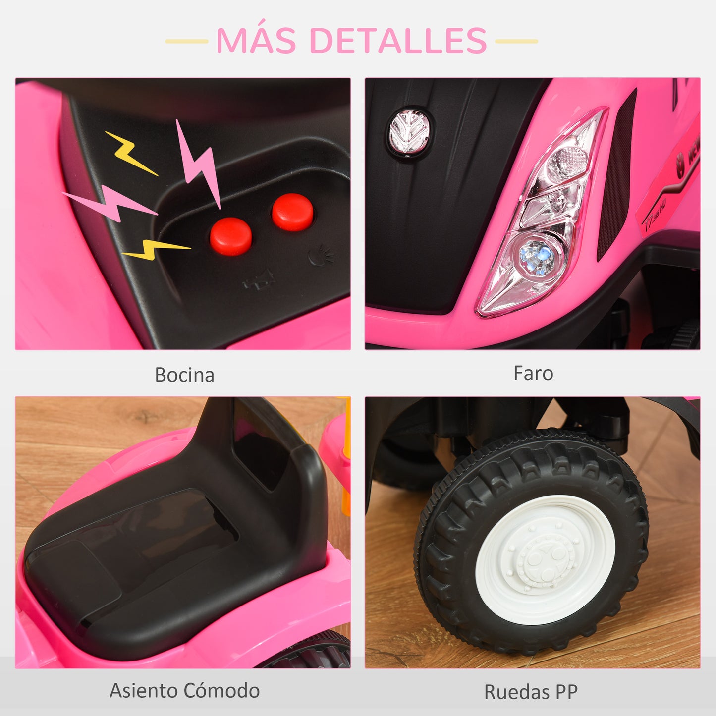 HOMCOM Tractor sin Pedales para Niños de 12-36 Meses con Remolque Extraíble Coche Correpasillos con Bocina Faros Pala Asiento de Suelo 25 cm y Rastrillo Carga 25 kg 91x29x44 cm Rosa