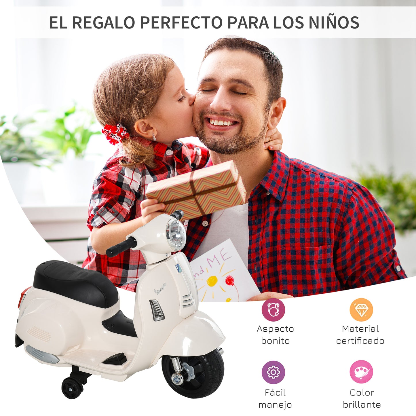 HOMCOM Moto Eléctrica Vespa para Niños de 18-36 Meses Moto de Batería 6V con Faro Bocina y 4 Ruedas Motocicleta Infantil con Licencia 66,5x38x52 cm Blanco