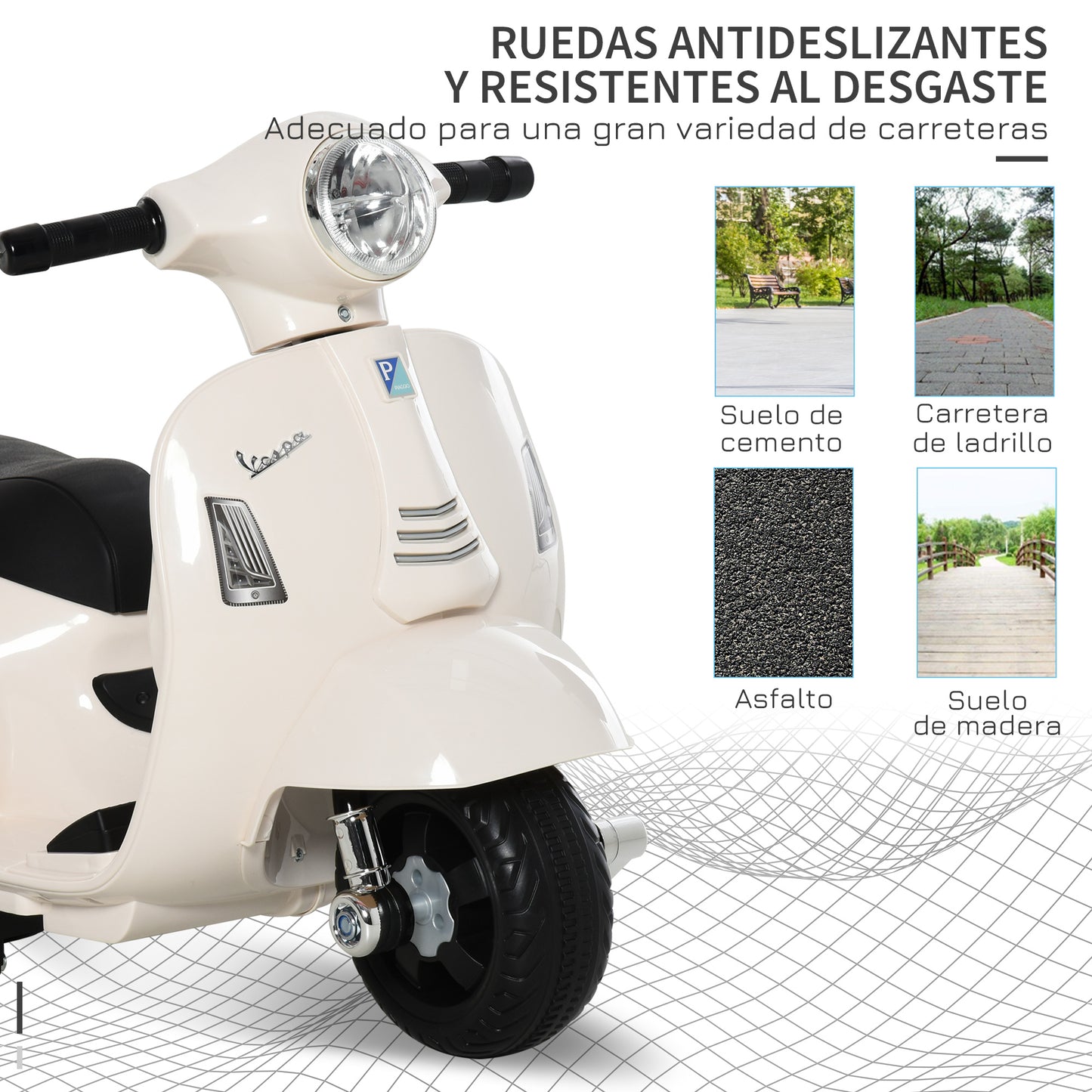 HOMCOM Moto Eléctrica Vespa para Niños de 18-36 Meses Moto de Batería 6V con Faro Bocina y 4 Ruedas Motocicleta Infantil con Licencia 66,5x38x52 cm Blanco