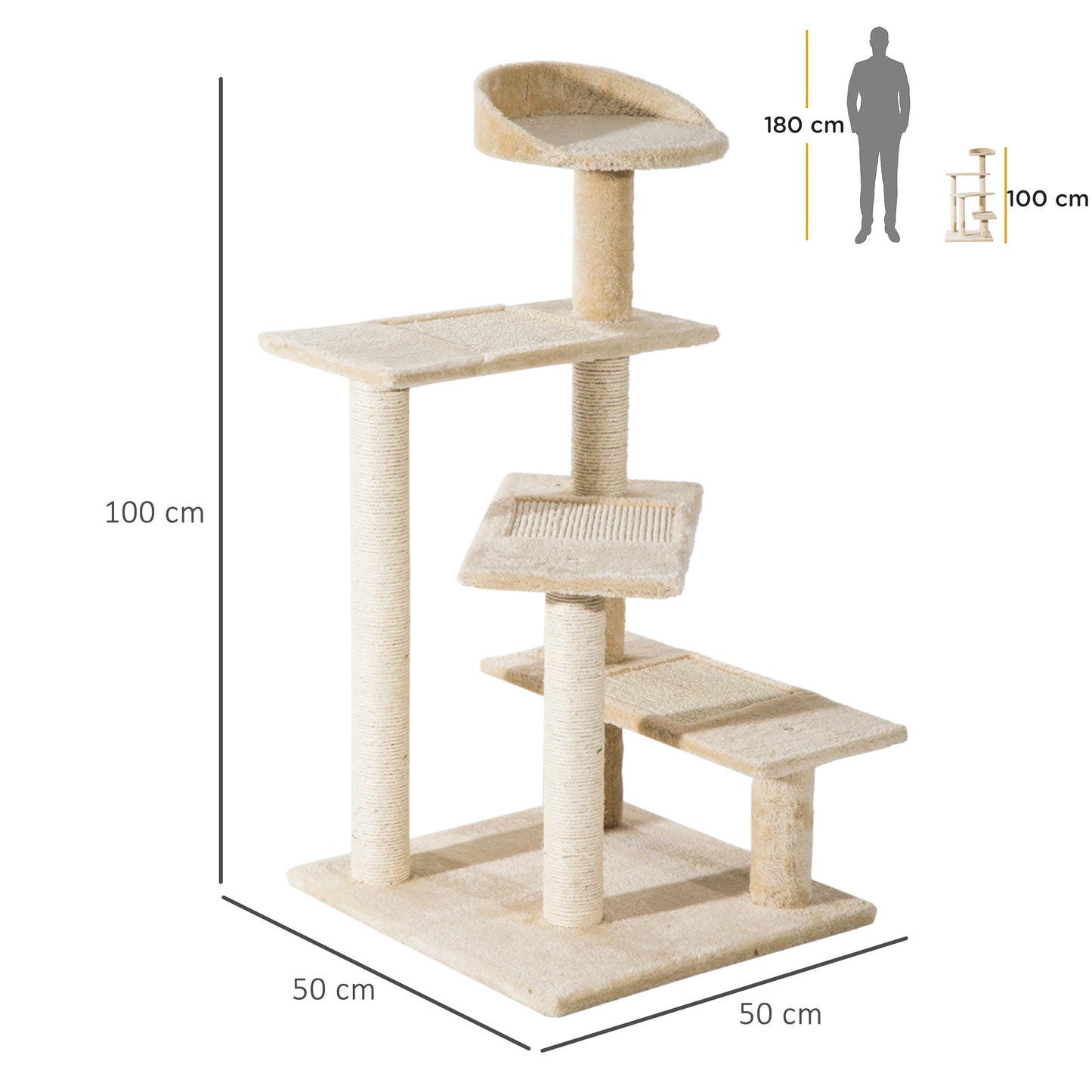 PawHut Árbol para Gato Rascador Grande 50x50x100 cm con Poste para Arañar Cama Plataformas con Manta de Sisal Terciopelo Beige