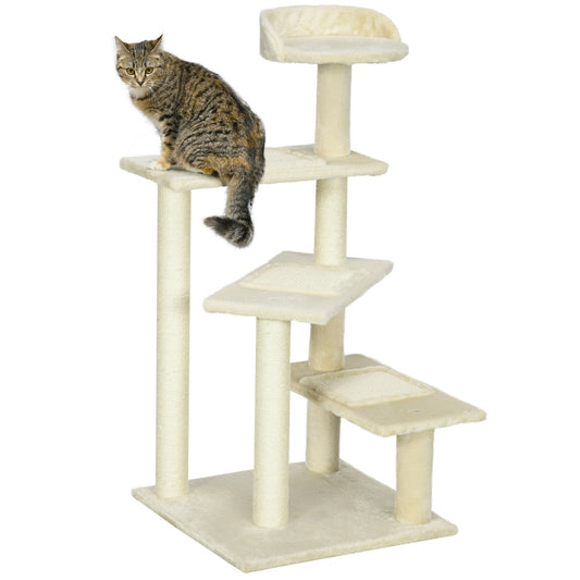 PawHut Árbol para Gato Rascador Grande 50x50x100 cm con Poste para Arañar Cama Plataformas con Manta de Sisal Terciopelo Beige