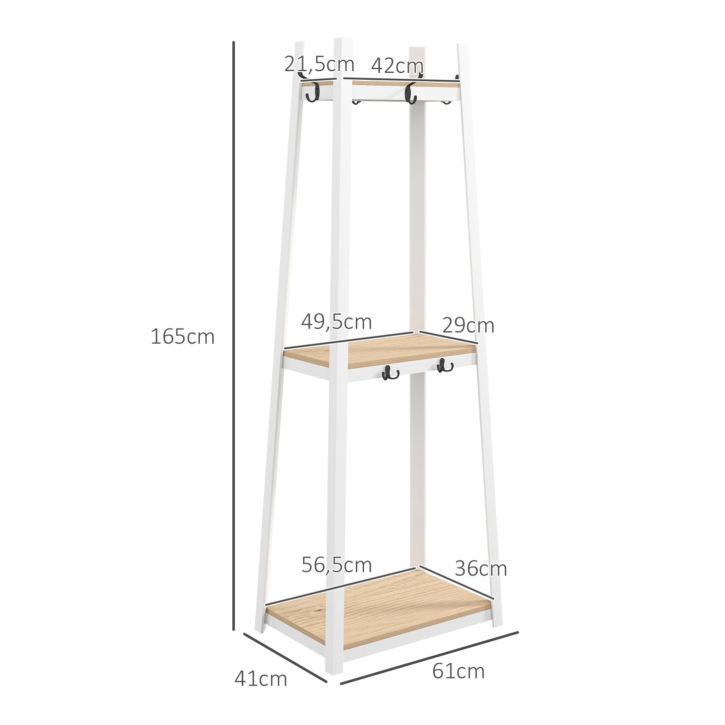 HOMCOM Perchero de Pie de 3 Niveles Perchero para Ropa con 6 Ganchos y Estantes de Almacenamiento para Entrada Pasillo Dormitorio Salón 61x41x165 cm Natural