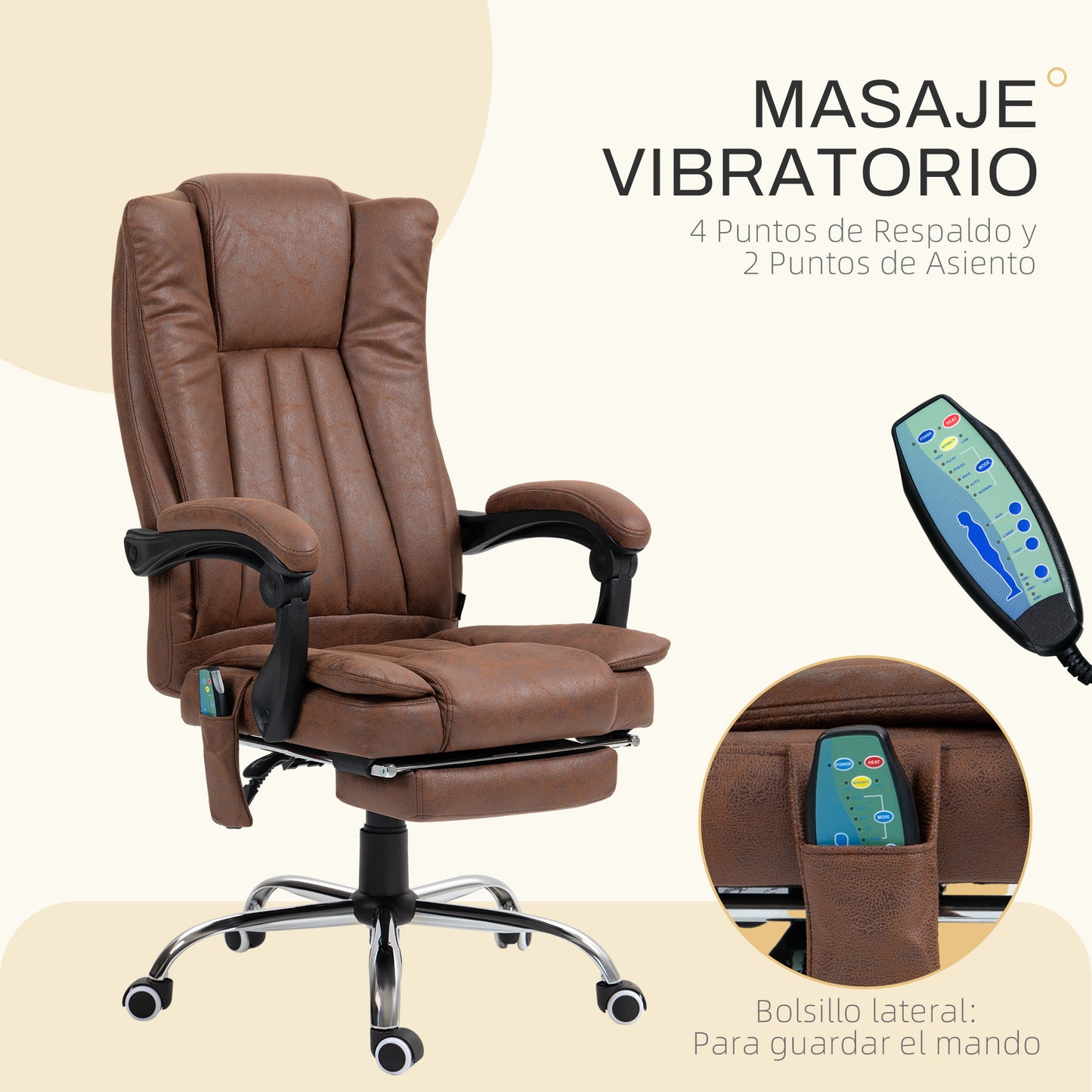 Vinsetto Silla de Masaje con 6 Puntos de Masaje Silla de Oficina Giratoria Silla de Escritorio Reclinable con Altura Ajustable Función de Calefacción Reposapiés Retráctil y Control Remoto Marrón