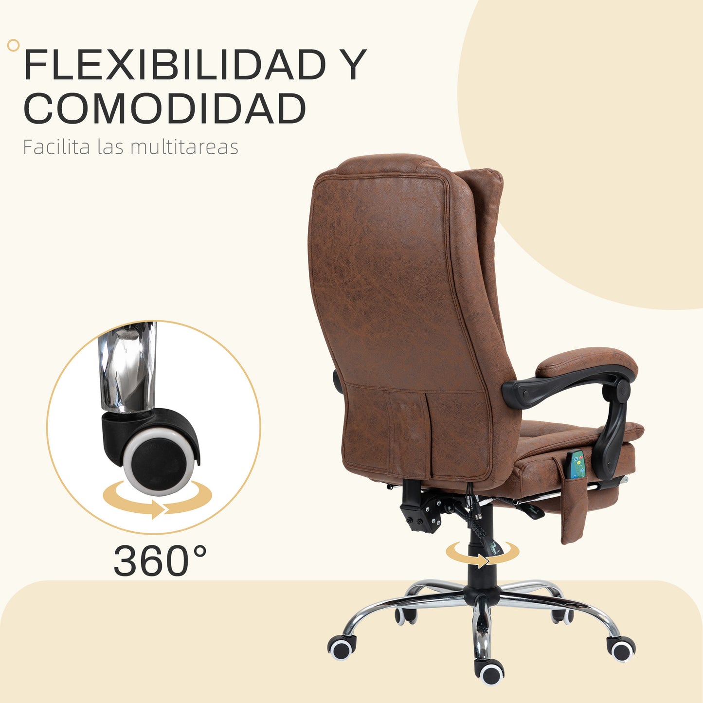 Vinsetto Silla de Masaje con 6 Puntos de Masaje Silla de Oficina Giratoria Silla de Escritorio Reclinable con Altura Ajustable Función de Calefacción Reposapiés Retráctil y Control Remoto Marrón