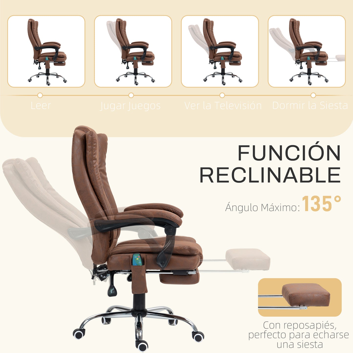 Vinsetto Silla de Masaje con 6 Puntos de Masaje Silla de Oficina Giratoria Silla de Escritorio Reclinable con Altura Ajustable Función de Calefacción Reposapiés Retráctil y Control Remoto Marrón