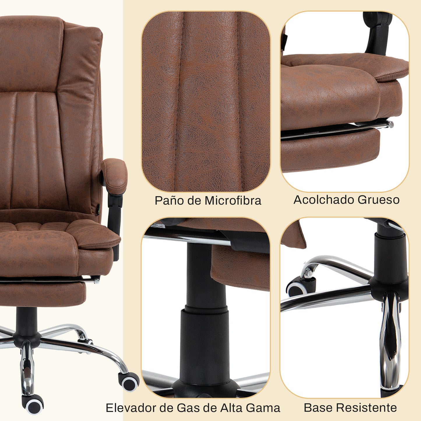 Vinsetto Silla de Masaje con 6 Puntos de Masaje Silla de Oficina Giratoria Silla de Escritorio Reclinable con Altura Ajustable Función de Calefacción Reposapiés Retráctil y Control Remoto Marrón