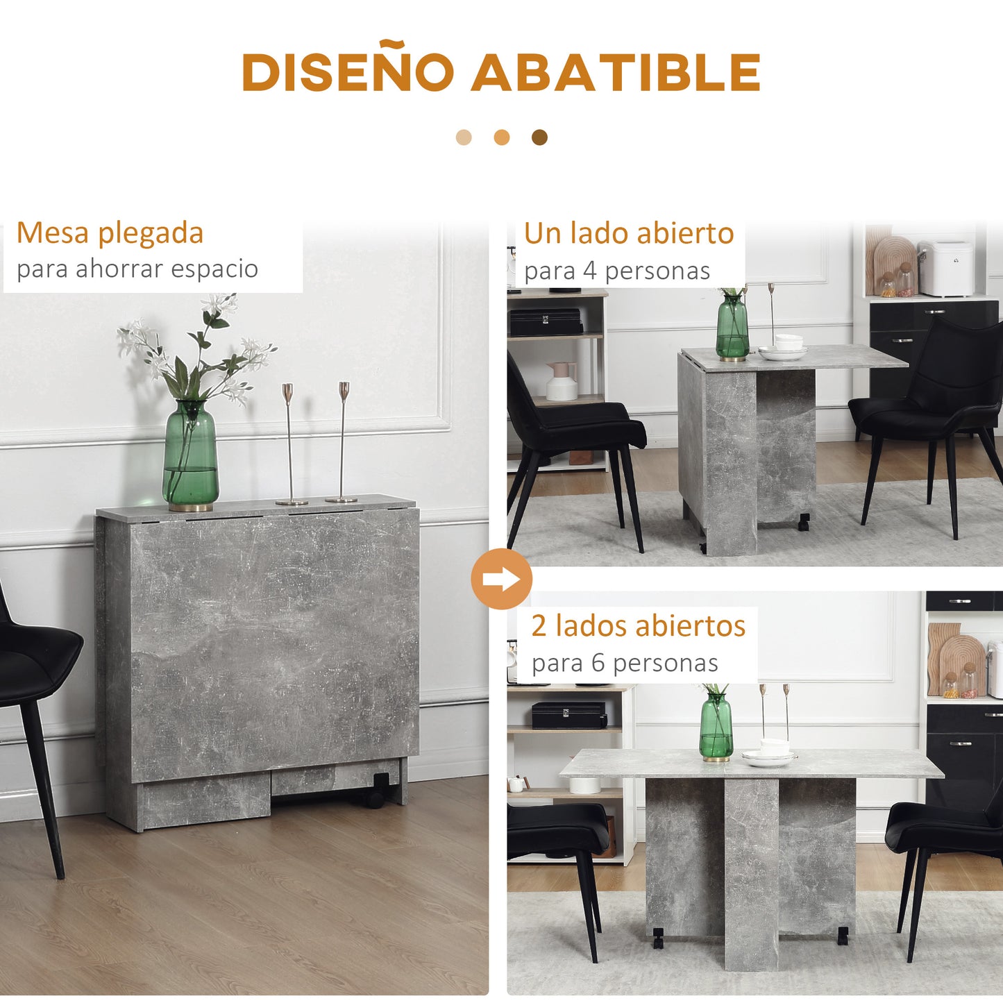 HOMCOM Mesa Plegable de Comedor Mesa de Cocina Plegable con Ruedas Alas Abatibles y Estantes Mesa Plegable para 4-6 Personas 75x140x74 cm Gris Cemento