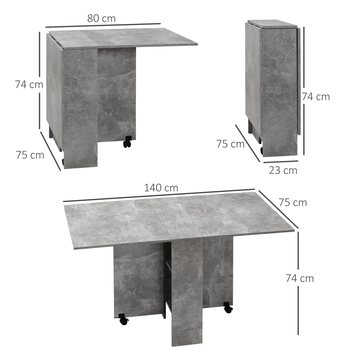 HOMCOM Mesa Plegable de Comedor Mesa de Cocina Plegable con Ruedas Alas Abatibles y Estantes Mesa Plegable para 4-6 Personas 75x140x74 cm Gris Cemento