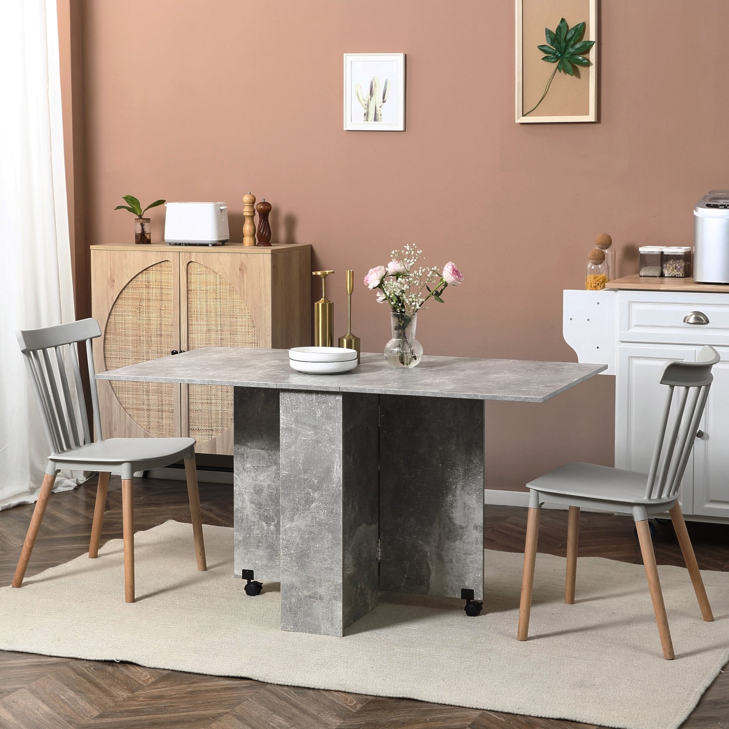 HOMCOM Mesa Plegable de Comedor Mesa de Cocina Plegable con Ruedas Alas Abatibles y Estantes Mesa Plegable para 4-6 Personas 75x140x74 cm Gris Cemento