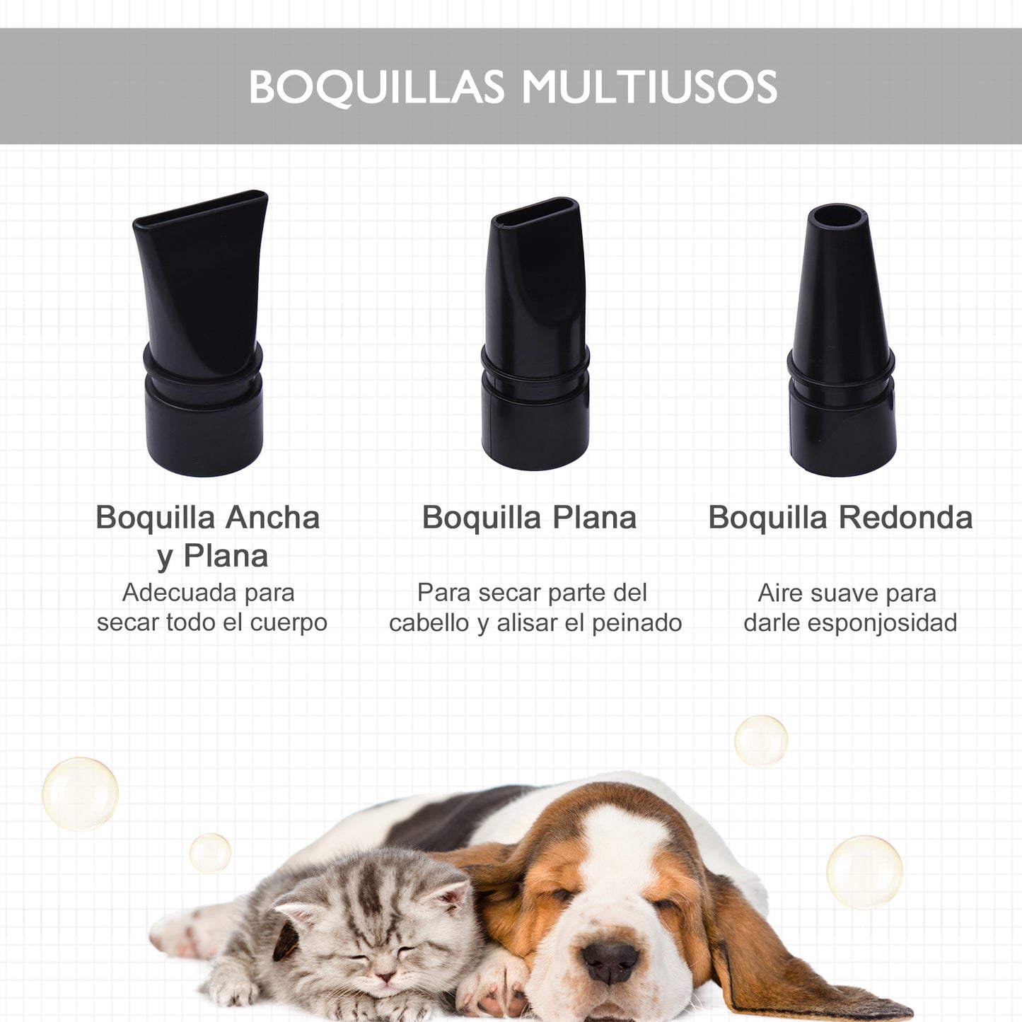 PawHut Secador de Pelo para Perros 2800W Soplador de Agua para Mascotas con Temperatura y Velocidad del Viento Ajustable 3 Boquillas Tubo Flexible 2,5 m y Asa Portátil 40x16x20 cm Negro