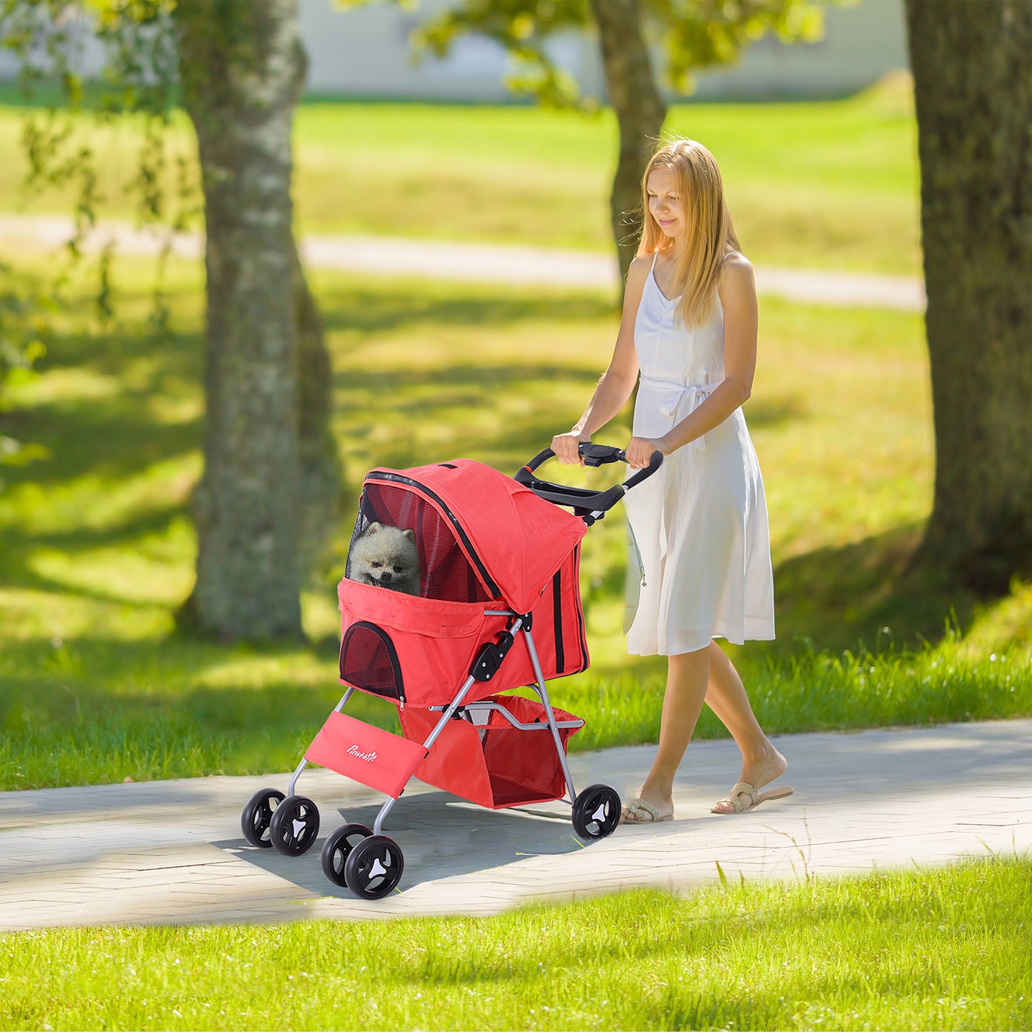 PawHut Carrito para Perros Plegable Cochecito para Mascotas Carrito para Perros Pequeños con Toldo Ajustable Cesta de Almacenaje 2 Ruedas Universales y Marco de Acero 75x46x94 cm Rojo