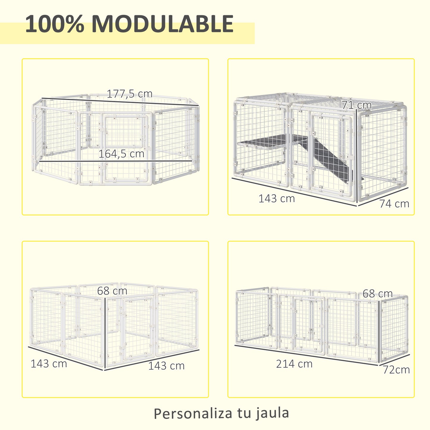 Pawhut Valla Metálica para Mascotas Parque para Conejos Conejera con 9 Paneles Puerta con Pestillo y Escalera para Cobayas Gatos Cachorros Diseño DIY 68x68x2,5 cm Blanco