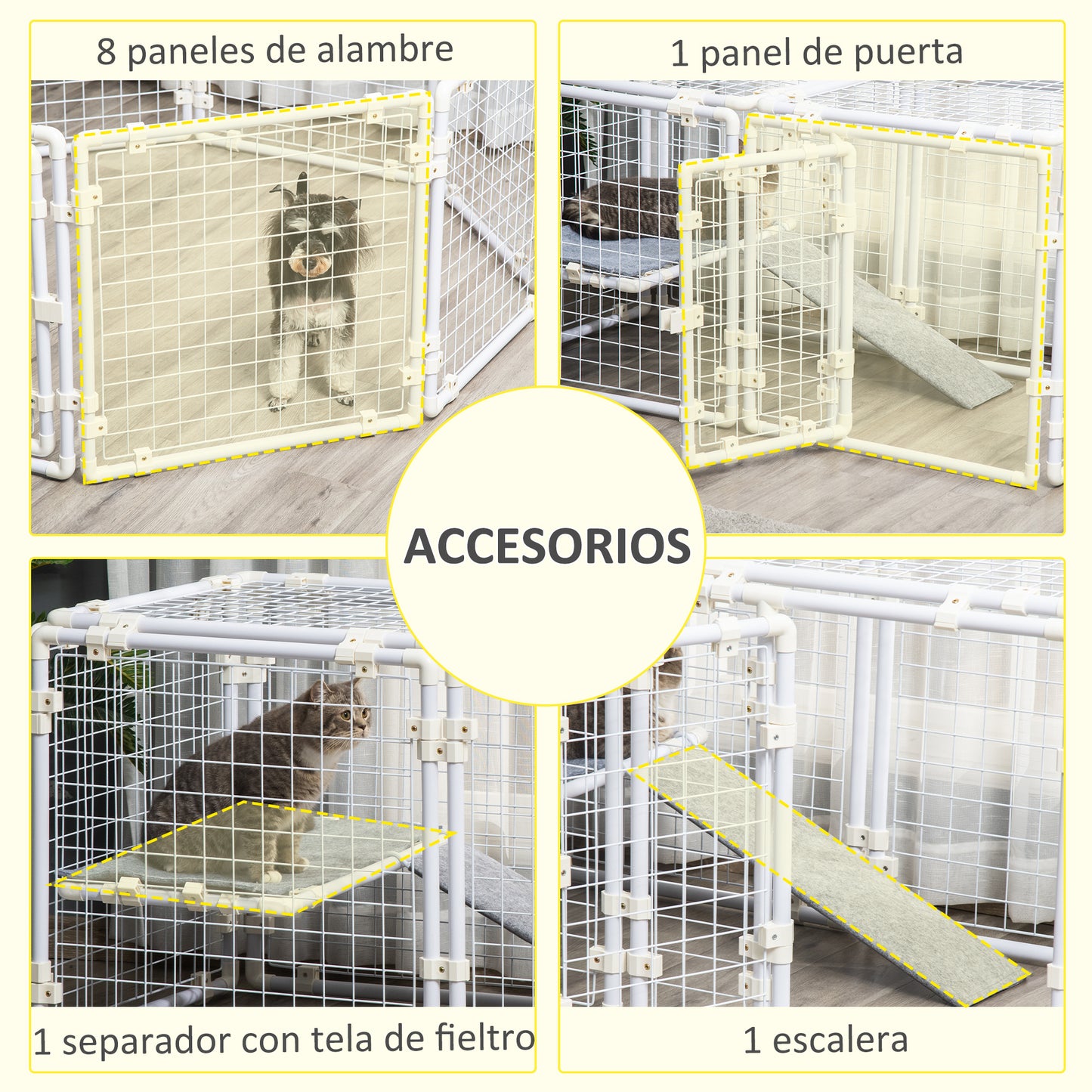 Pawhut Valla Metálica para Mascotas Parque para Conejos Conejera con 9 Paneles Puerta con Pestillo y Escalera para Cobayas Gatos Cachorros Diseño DIY 68x68x2,5 cm Blanco