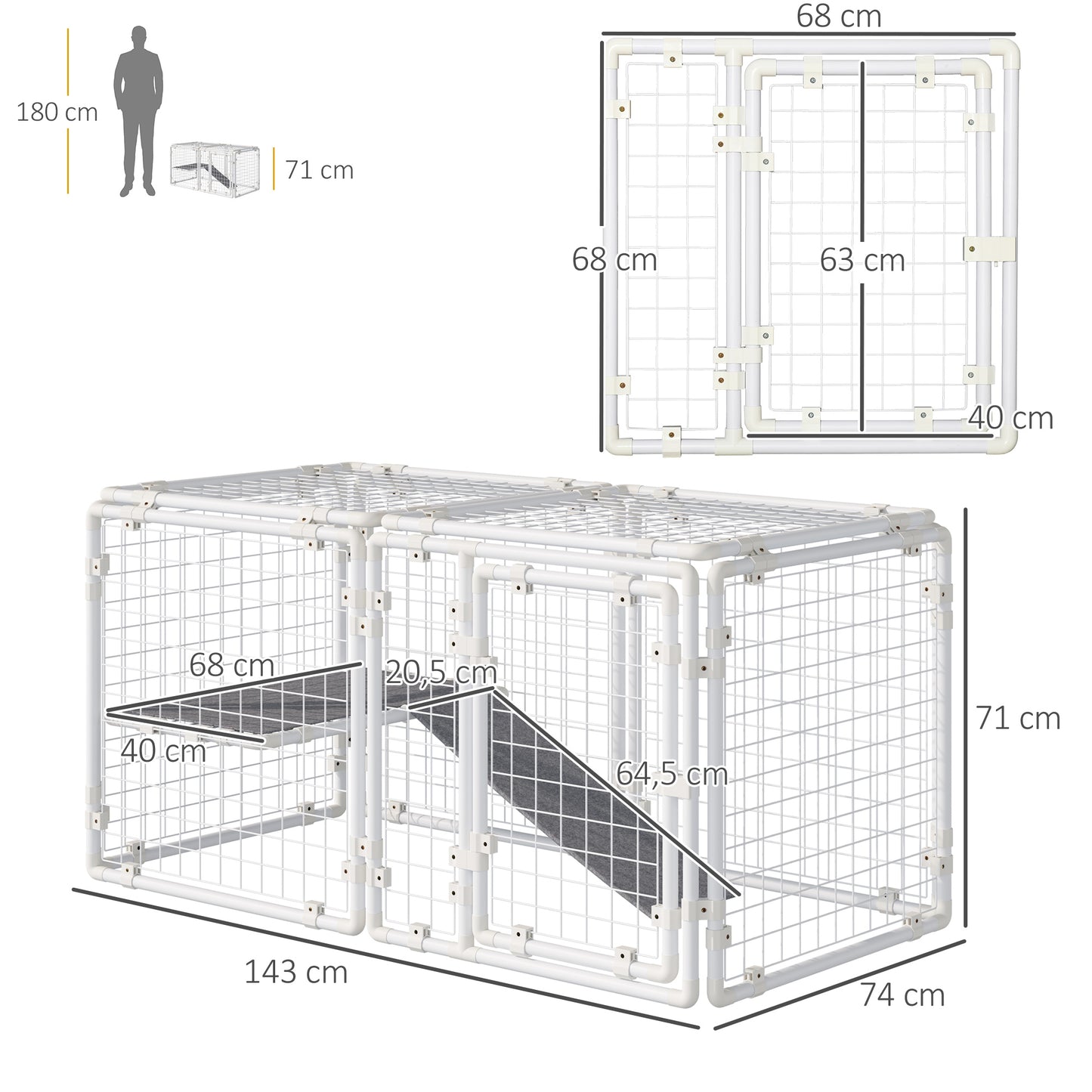 Pawhut Valla Metálica para Mascotas Parque para Conejos Conejera con 9 Paneles Puerta con Pestillo y Escalera para Cobayas Gatos Cachorros Diseño DIY 68x68x2,5 cm Blanco