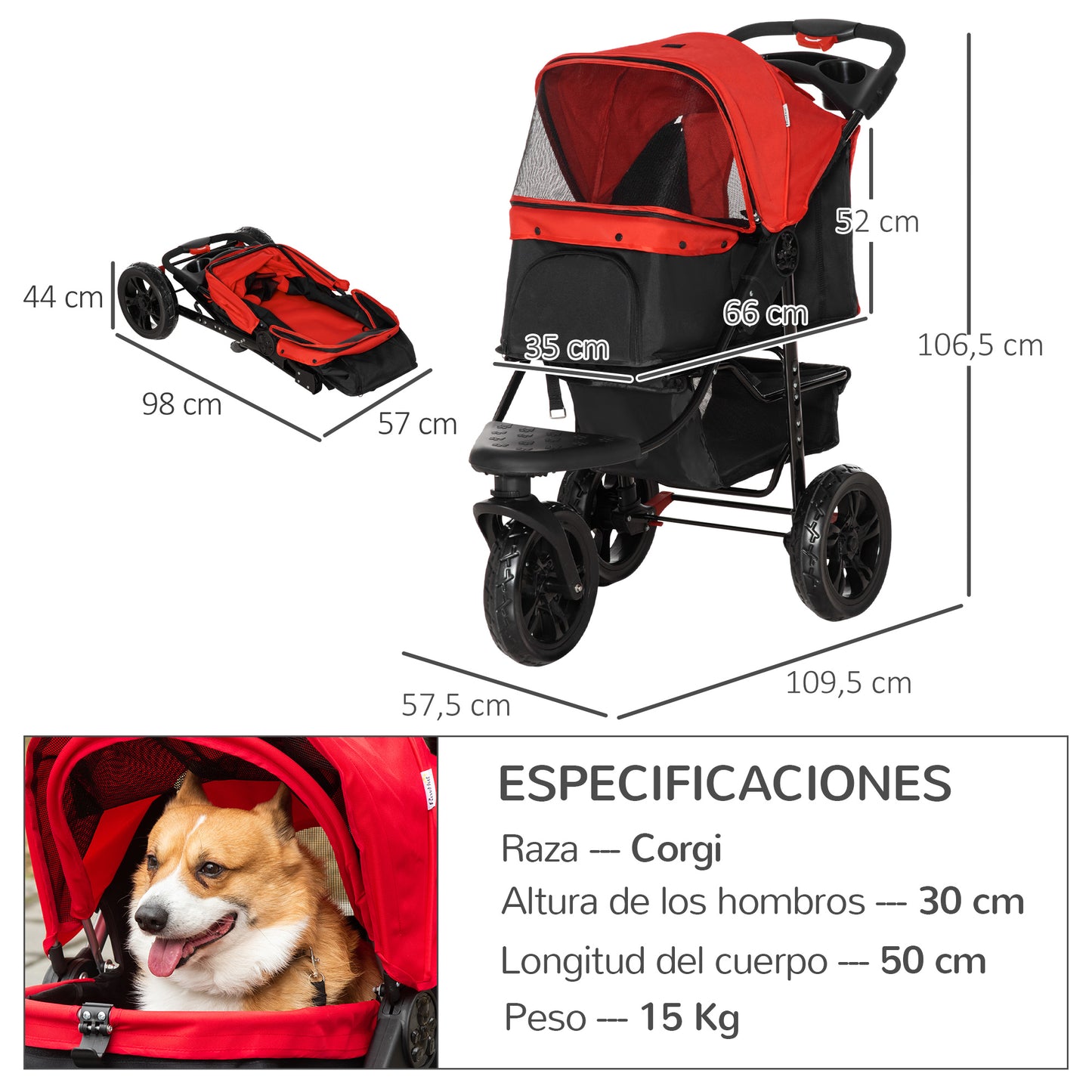 PawHut Carrito para Perros Plegable Cochecito para Mascotas Carrito para Perros Pequeños con 3 Ruedas Ventanas de Malla Cesta de Almacenaje y Correas de Seguridad 109,5x57,5x106,5 cm Rojo