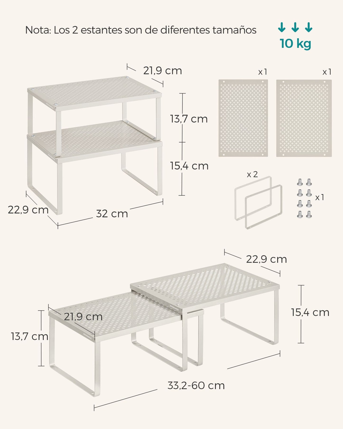 Especiero Apilable Ampliable Juego de 4 Estantes Metálicos Beige Avena-SONGMICS