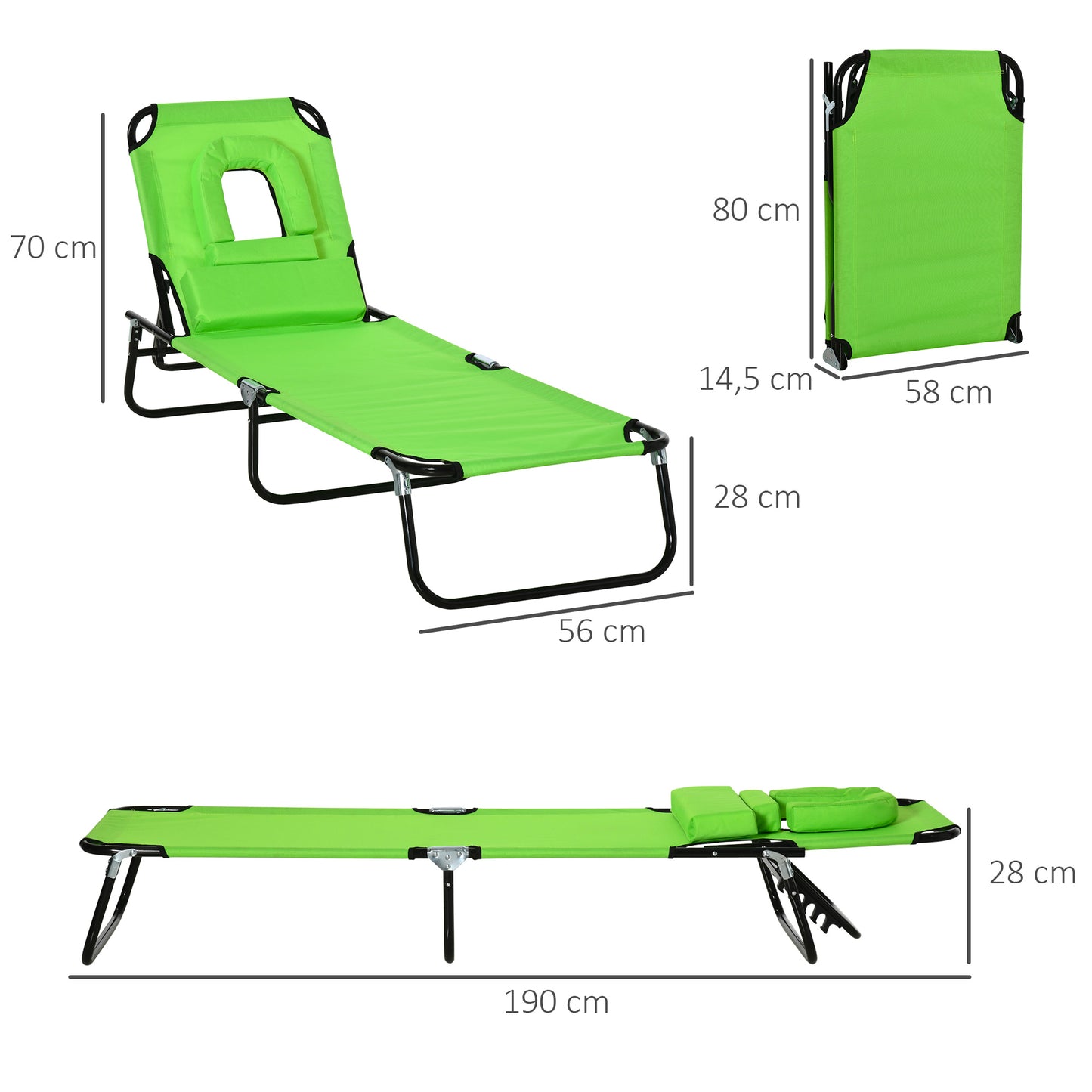 Outsunny Tumbona Plegable con Respaldo Regulable en 4 Posiciones Tumbona de Jardín con Almohada Marco de Acero y Tela Oxford para Camping Playa Terraza Carga 120 kg 190x56x28 cm Verde