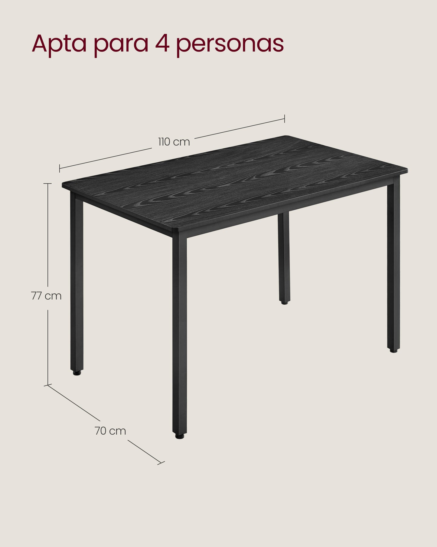 Mesa de Comedor 70 x 110 x 77 cm Negro Ébano y Negro Mate-VASAGLE