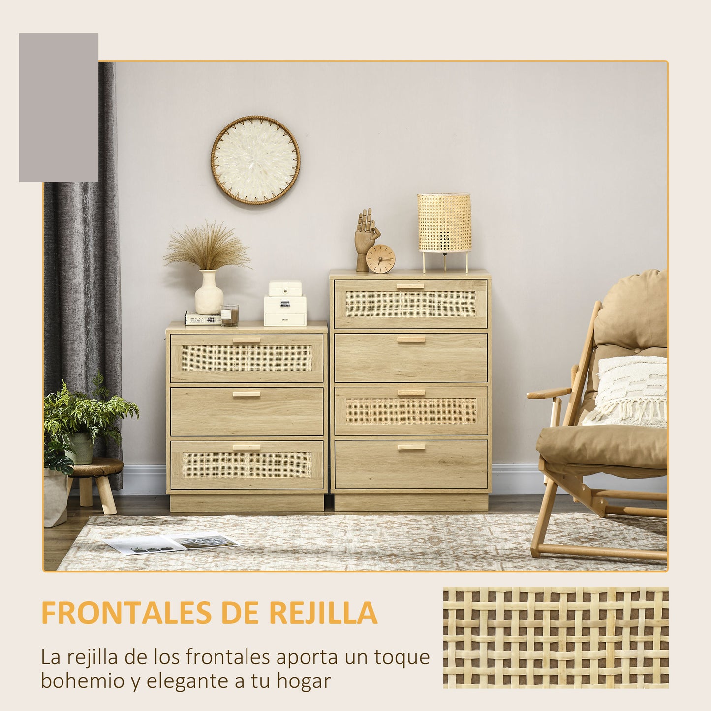 HOMCOM Cómoda de Noche con 3 Cajones de Rejilla de Ratán Cajonera de Madera para Dormitorio Salón Estilo Bohemio 60x38x69 cm Natural