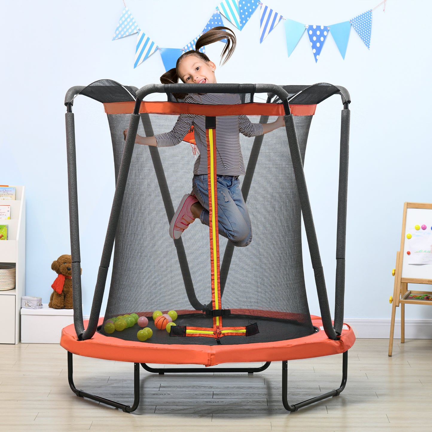 ZONEKIZ Cama Elástica Infantil Ø140 cm Trampolín para Niños de 3-10 Años con Red de Seguridad Baloncesto Aro de Baloncesto y 20 Bolas de Plástico para Interior Rojo