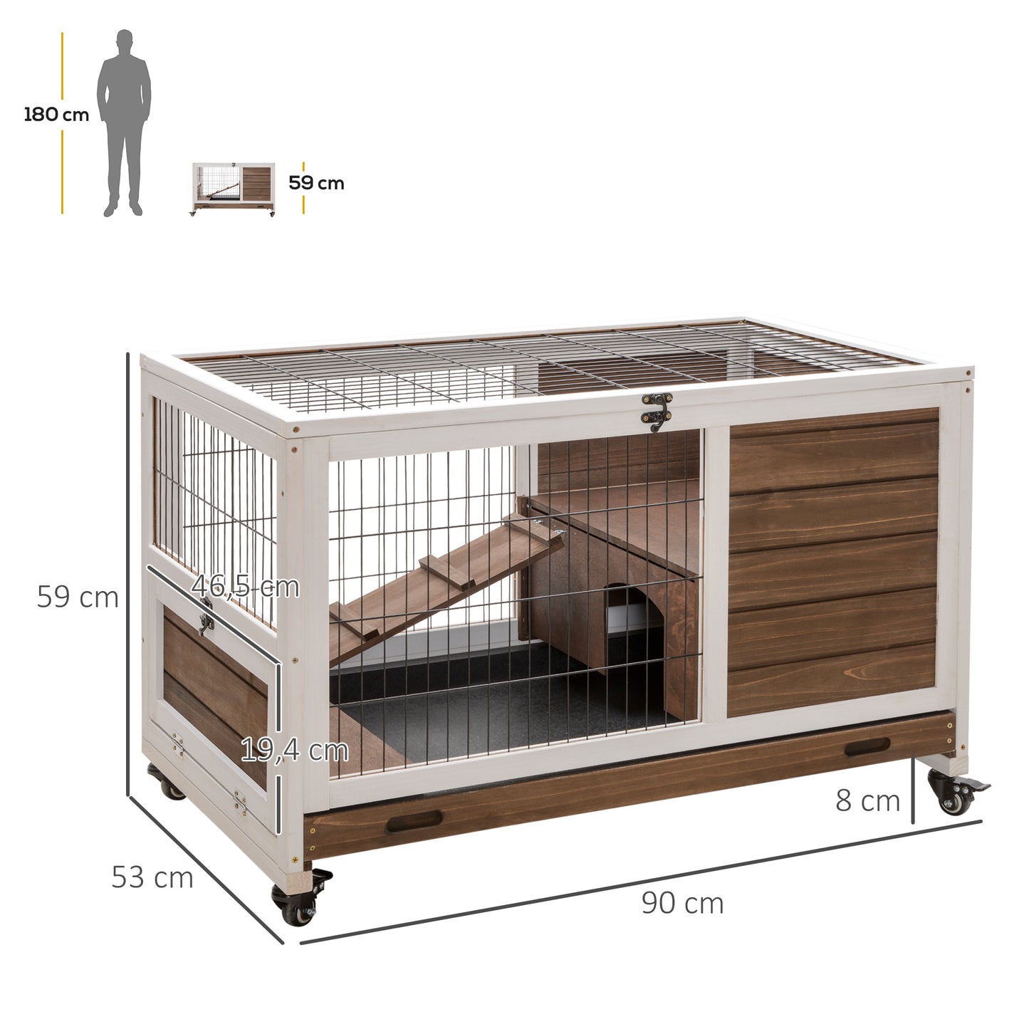 PawHut Jaula para Conejos de Madera Conejera para Mascotas Pequeñas Portátil Interior con Techo Abrible Rampa Bandeja Extraíble para Conejillos de Indias 90x53x59 cm Marrón