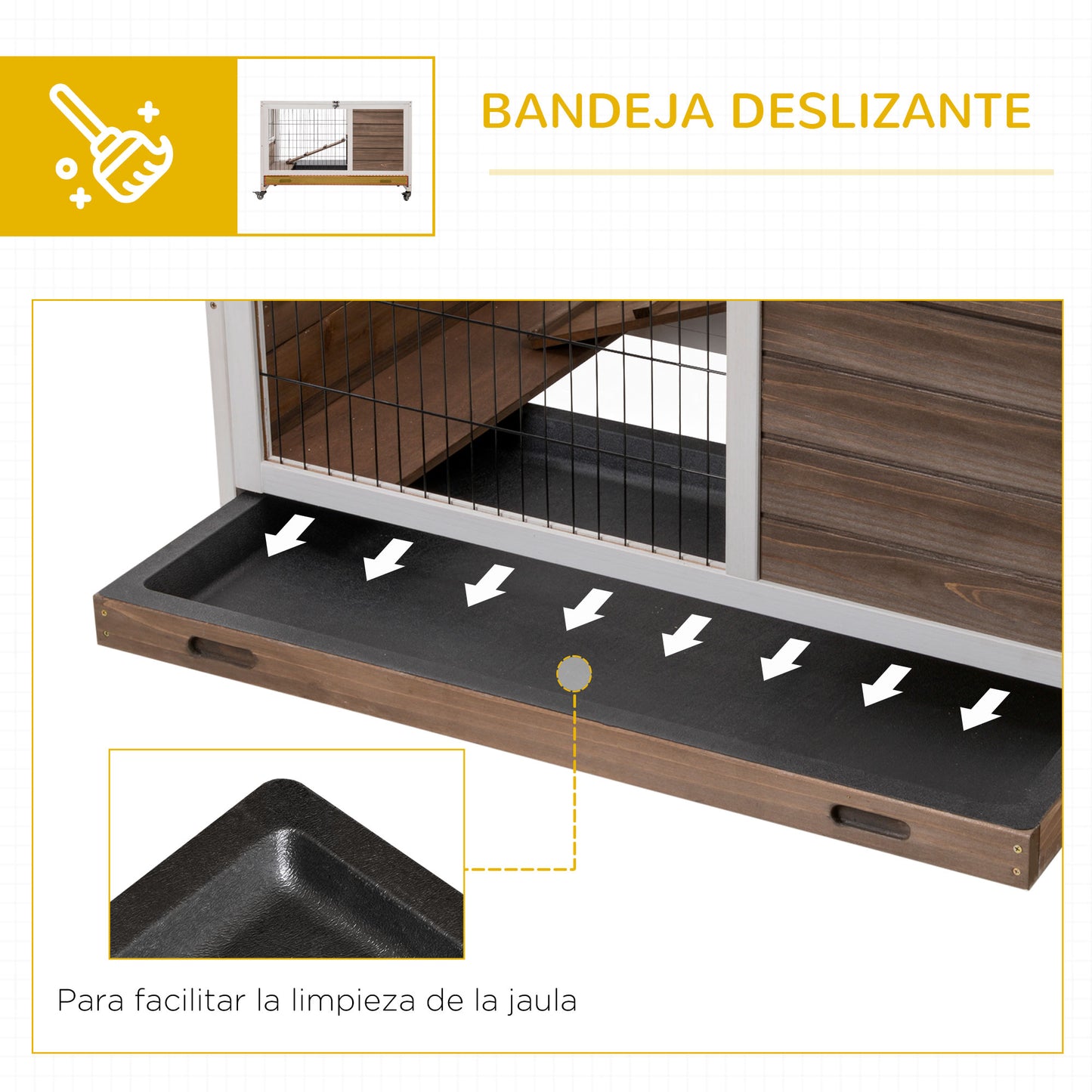 PawHut Jaula para Conejos de Madera Conejera para Mascotas Pequeñas Portátil Interior con Techo Abrible Rampa Bandeja Extraíble para Conejillos de Indias 90x53x59 cm Marrón