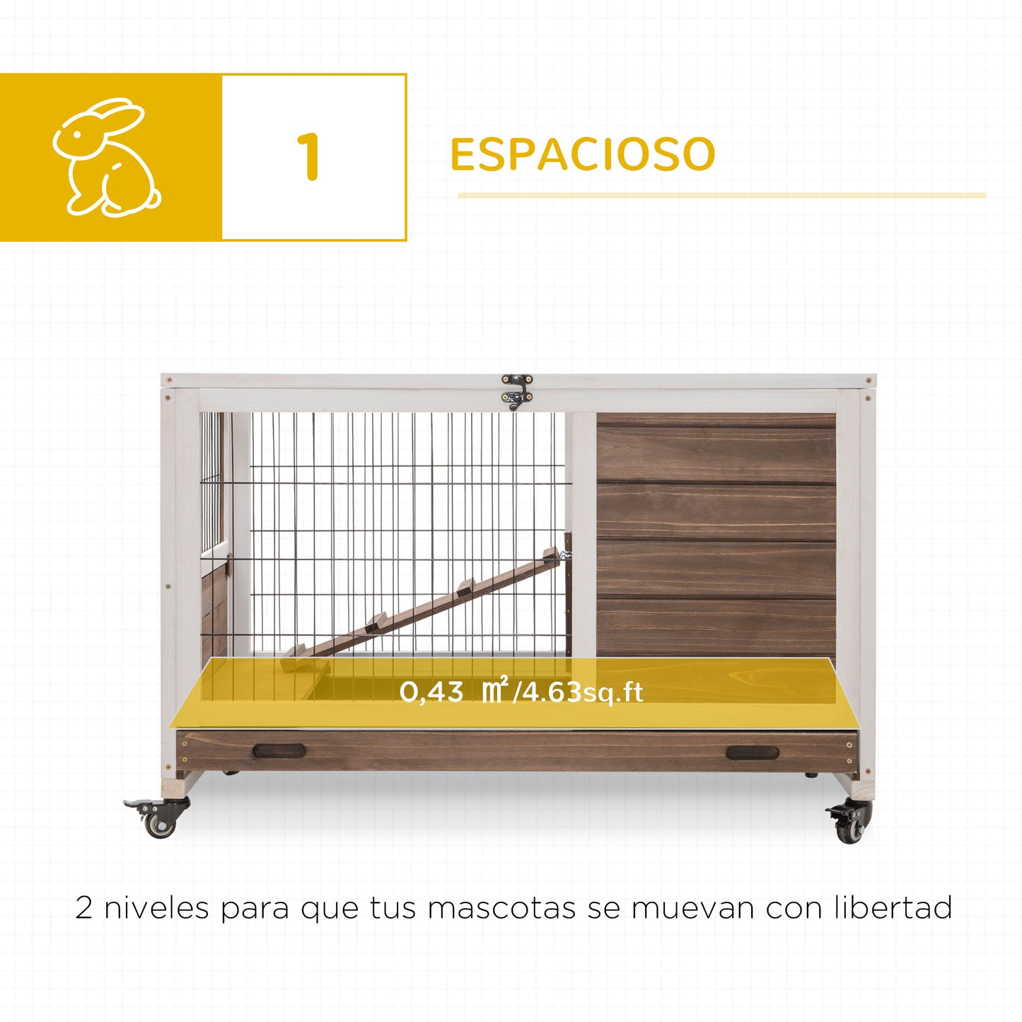 PawHut Jaula para Conejos de Madera Conejera para Mascotas Pequeñas Portátil Interior con Techo Abrible Rampa Bandeja Extraíble para Conejillos de Indias 90x53x59 cm Marrón