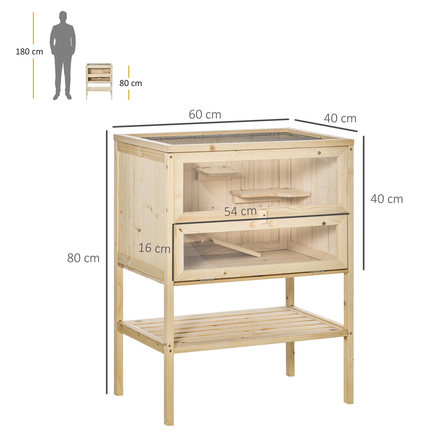 PawHut Jaula de Madera para Hámster Ratones Casa de Juegos con 5 Plataformas Rampa Techo Abatible Ventana Cristal Plástico y Estante Inferior 60x40x80 cm Natural