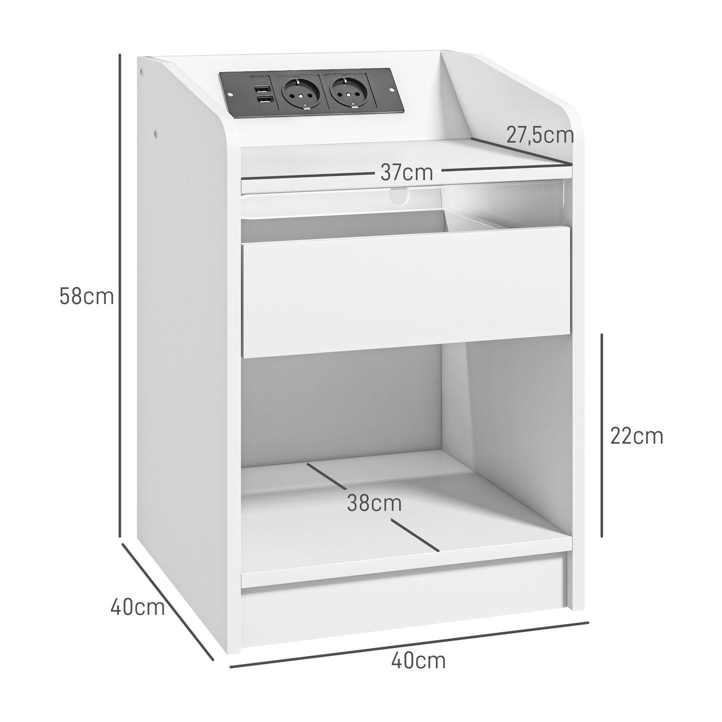 HOMCOM Mesita de Noche Mesilla de Noche con Luces LED Mesa de Noche con Cajón Estante Estación de Carga Puertos USB y Control Remoto 40x40x58 cm Blanco