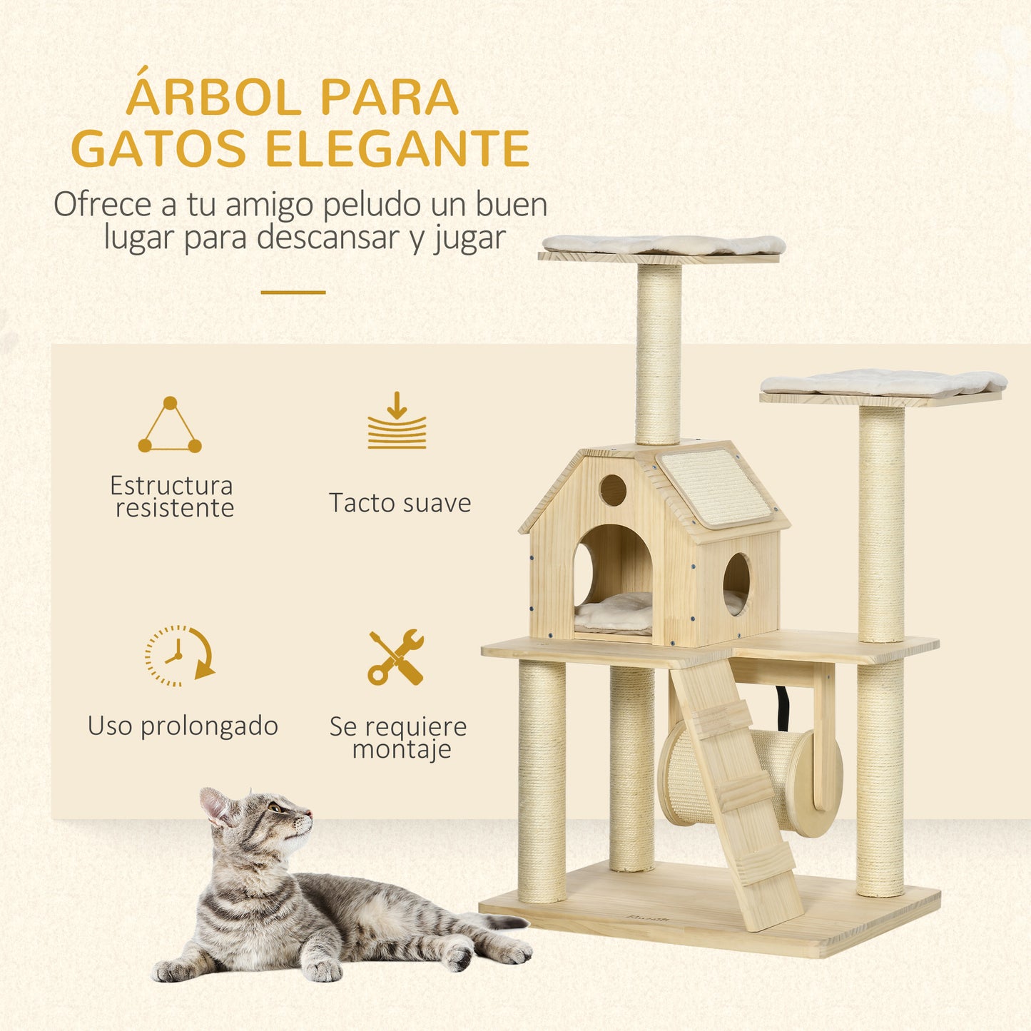 PawHut Árbol Rascador para Gatos de Madera Altura 125 cm Torre para Gatos con Camas Cojín Lavable Cueva Rodillo Postes de Sisal y Rampa 70x50x125 cm Natural