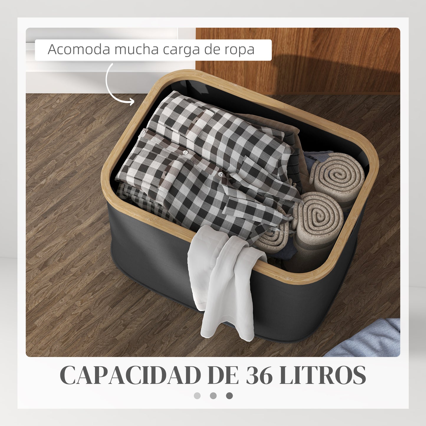 HOMCOM Cesto para Ropa Sucia Plegable Cesto de la Ropa Sucia 36 L con Asas para Baño Dormitorio Lavadero 44,3x33,3x26,5 cm Negro