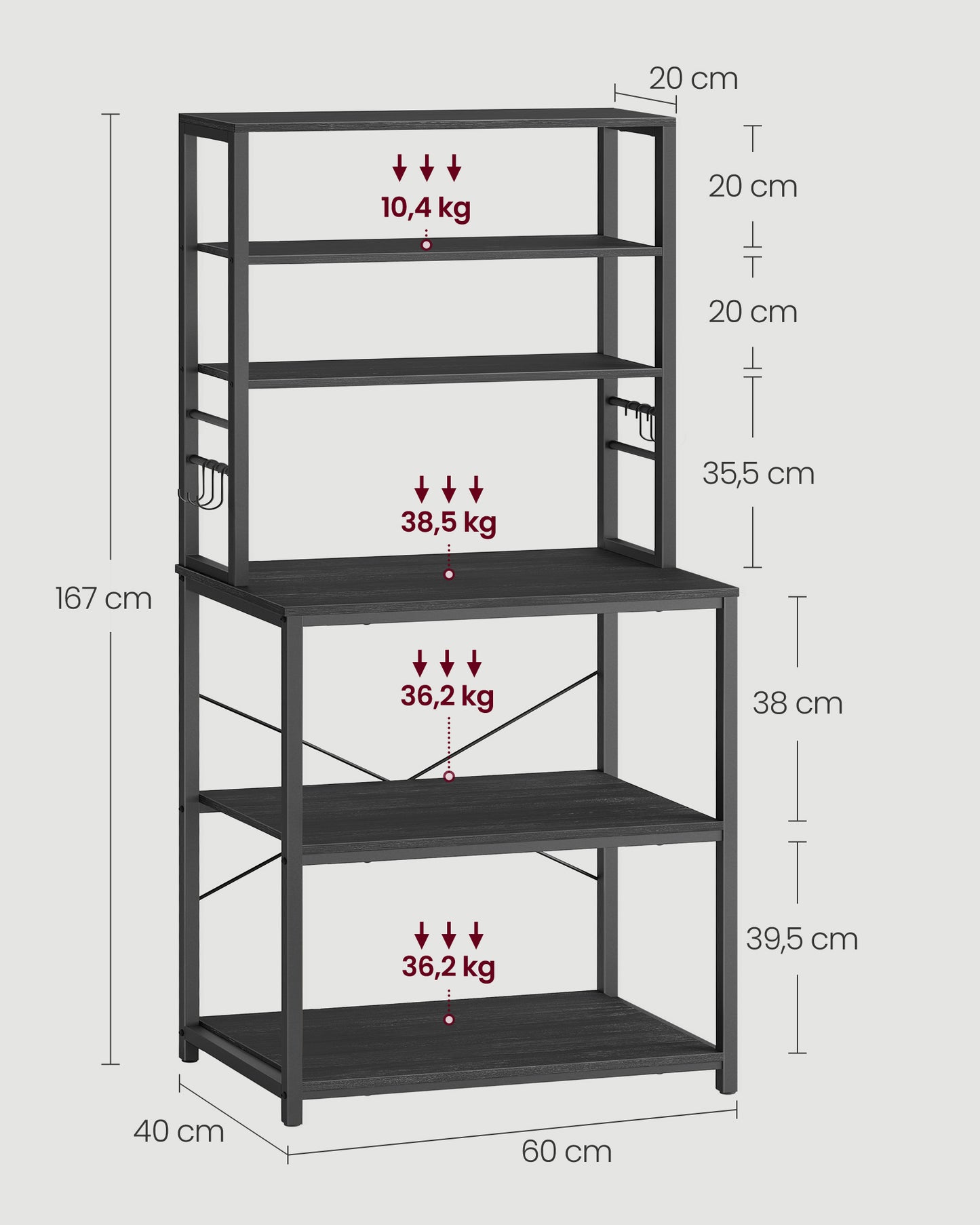 Estantería de Cocina 40 x 60 x 167 cm Gris Carbón y Negro Tinta-VASAGLE