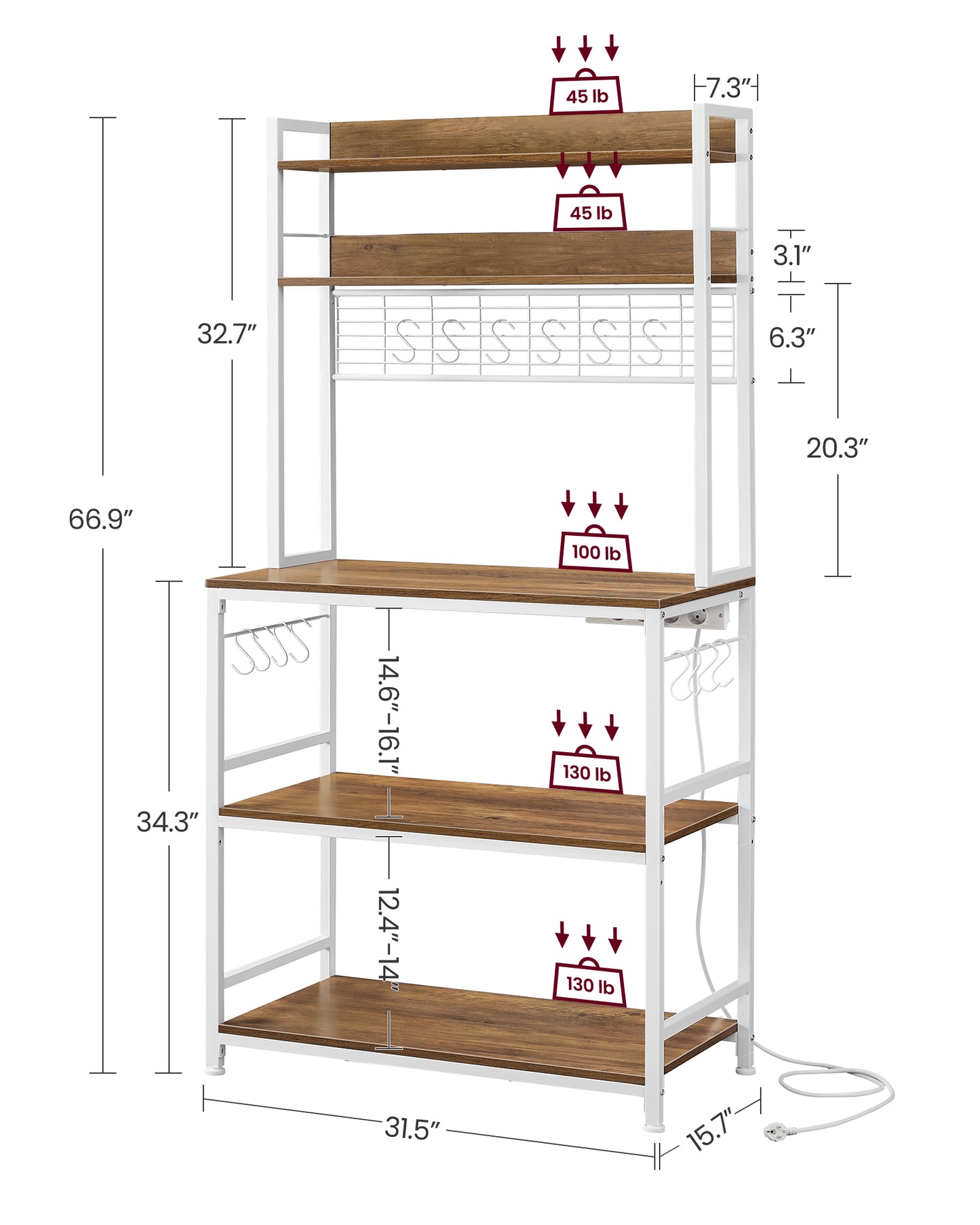 Estantería para Panadería 40 x 80 x 170 cm Nogal Medio y Blanco-VASAGLE