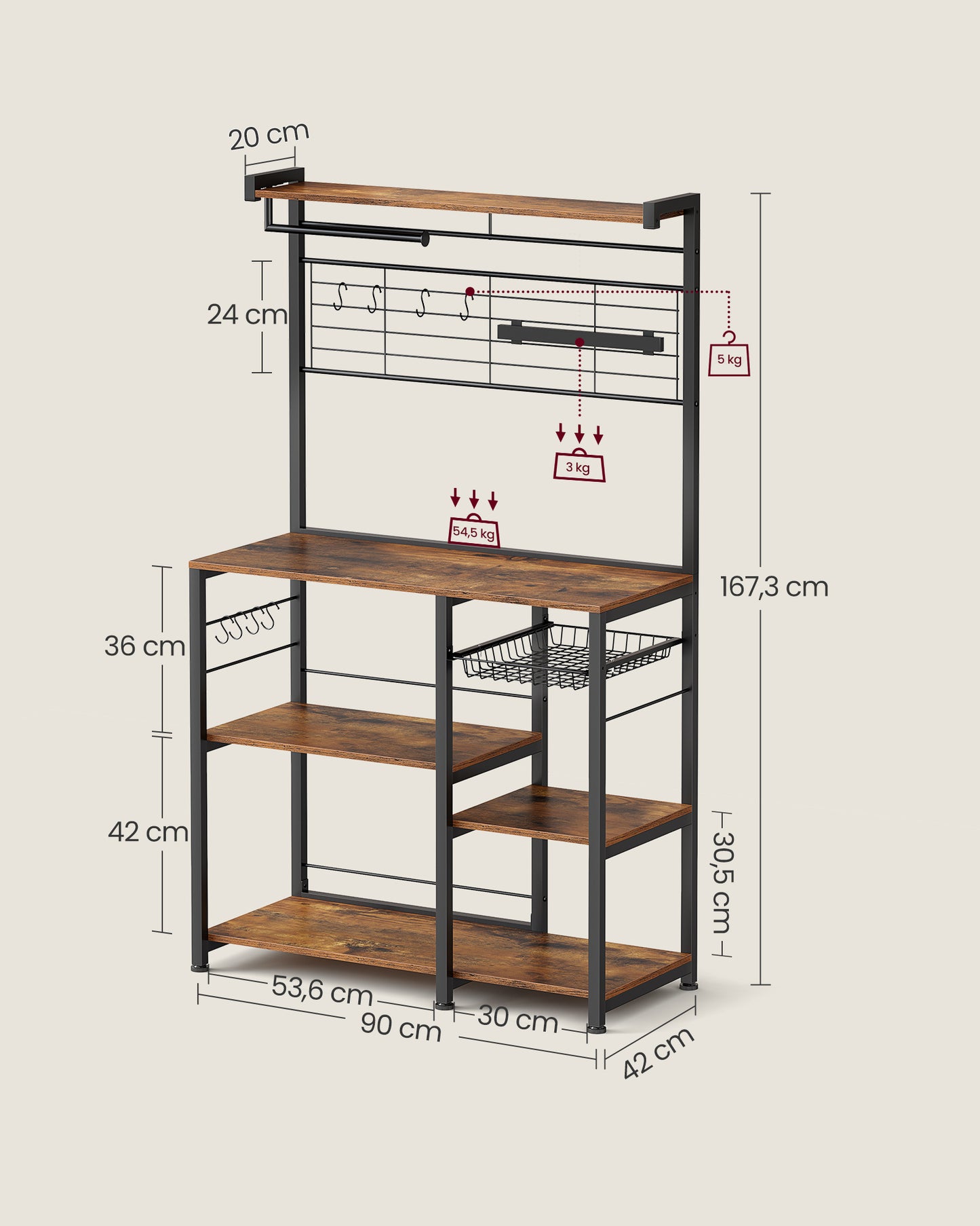 Estantería de Cocina 12 Ganchos Marrón Rústico y Negro-VASAGLE