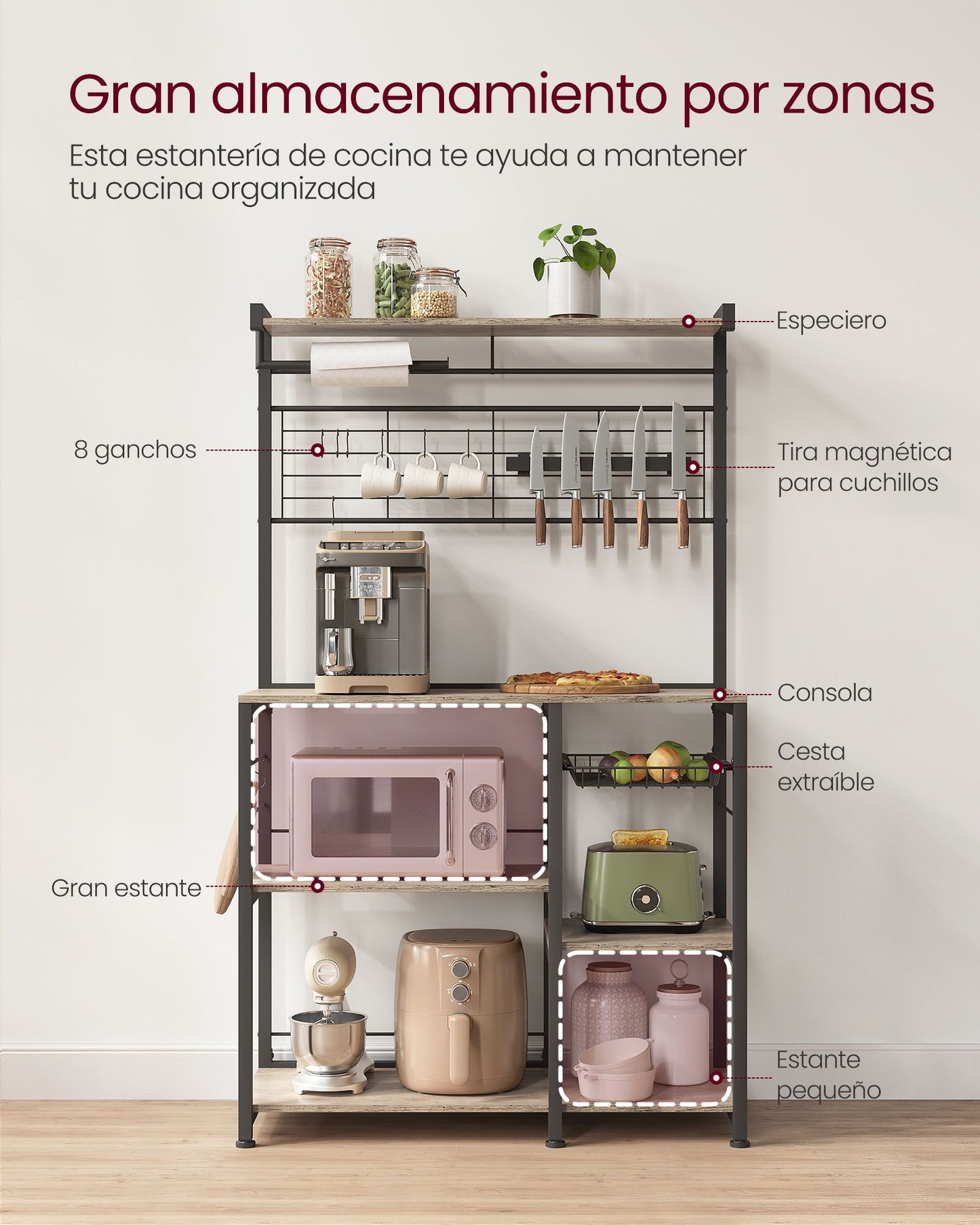 Estantería de Cocina 12 Ganchos Greige Negro-VASAGLE