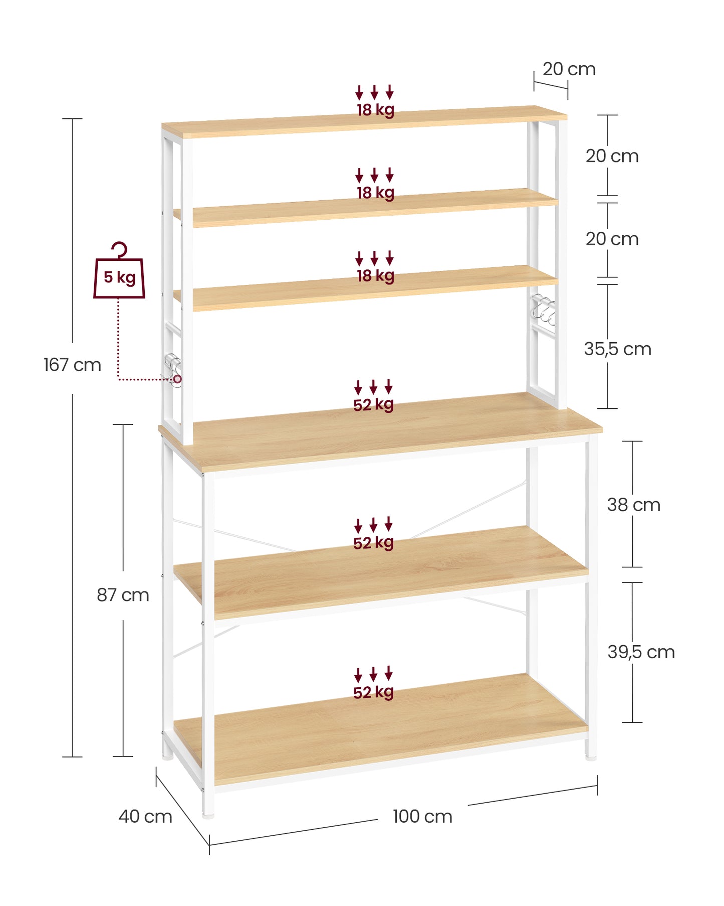 Estantería de Cocina 40 x 100 x 167 cm Roble y Blanco-VASAGLE