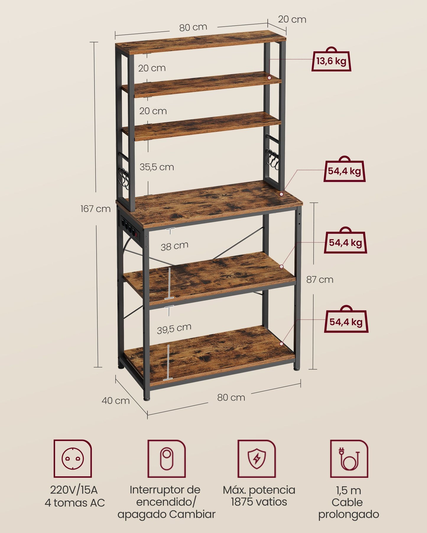 Estantería de Cocina con Toma de Corriente 40 x 80 x 167 cm Marrón Rústico y Negro Tinta-VASAGLE