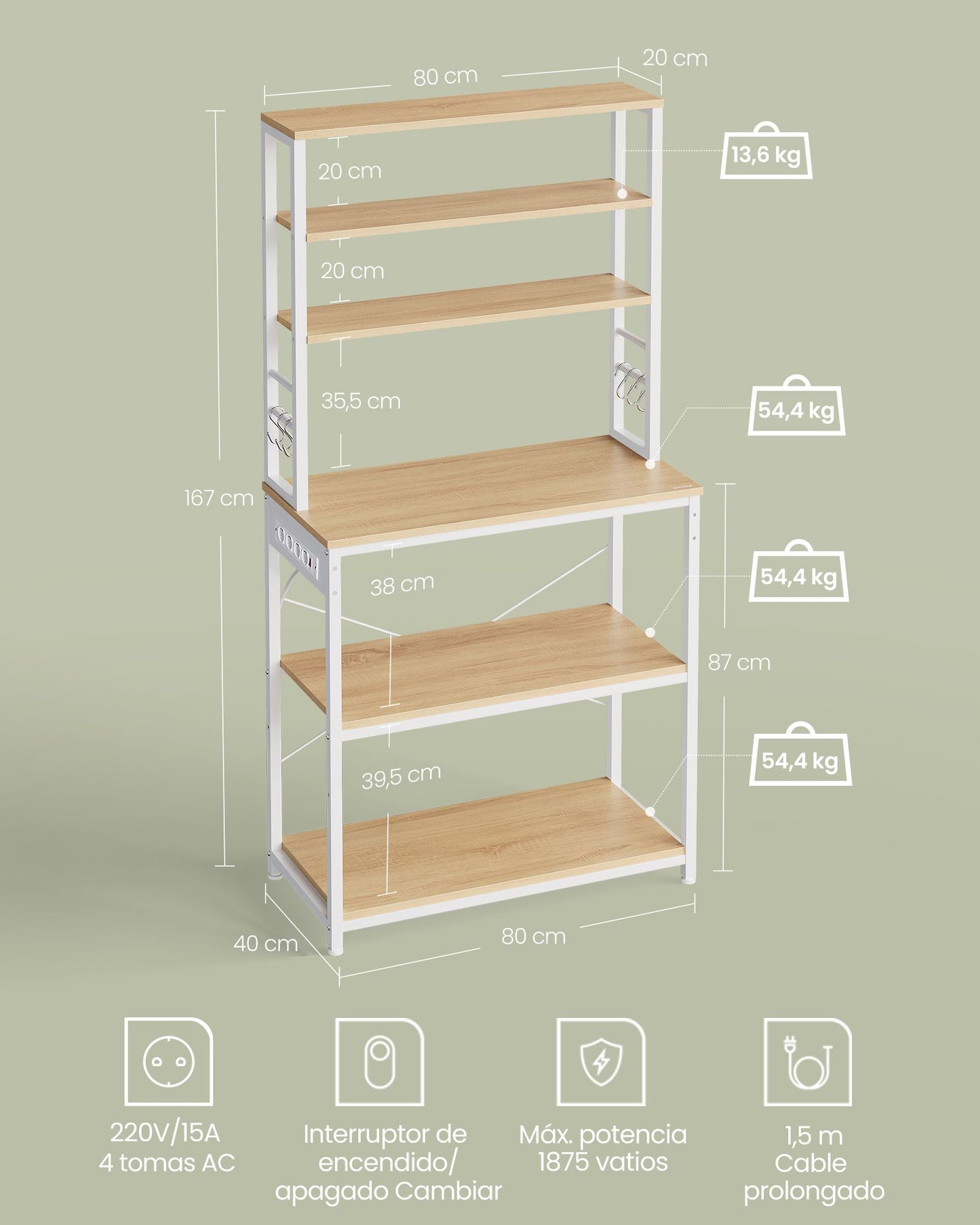 Estantería de Cocina con Toma de Corriente 40 x 80 x 167 cm Roble Dorado y Blanco Nube-VASAGLE