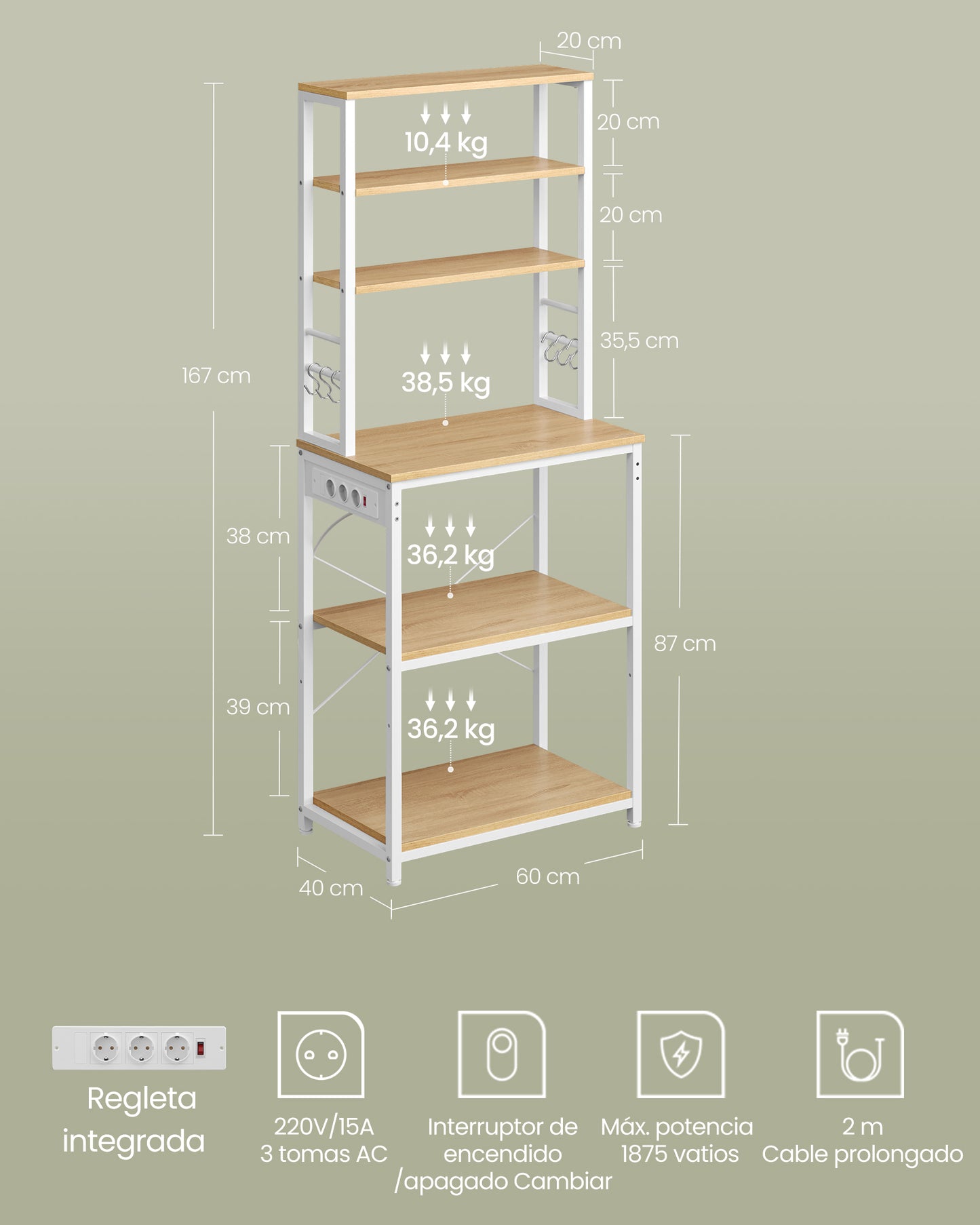 Estantería de Cocina 40 x 60 x 167 cm Dorado Roble y Blanco Nube-VASAGLE