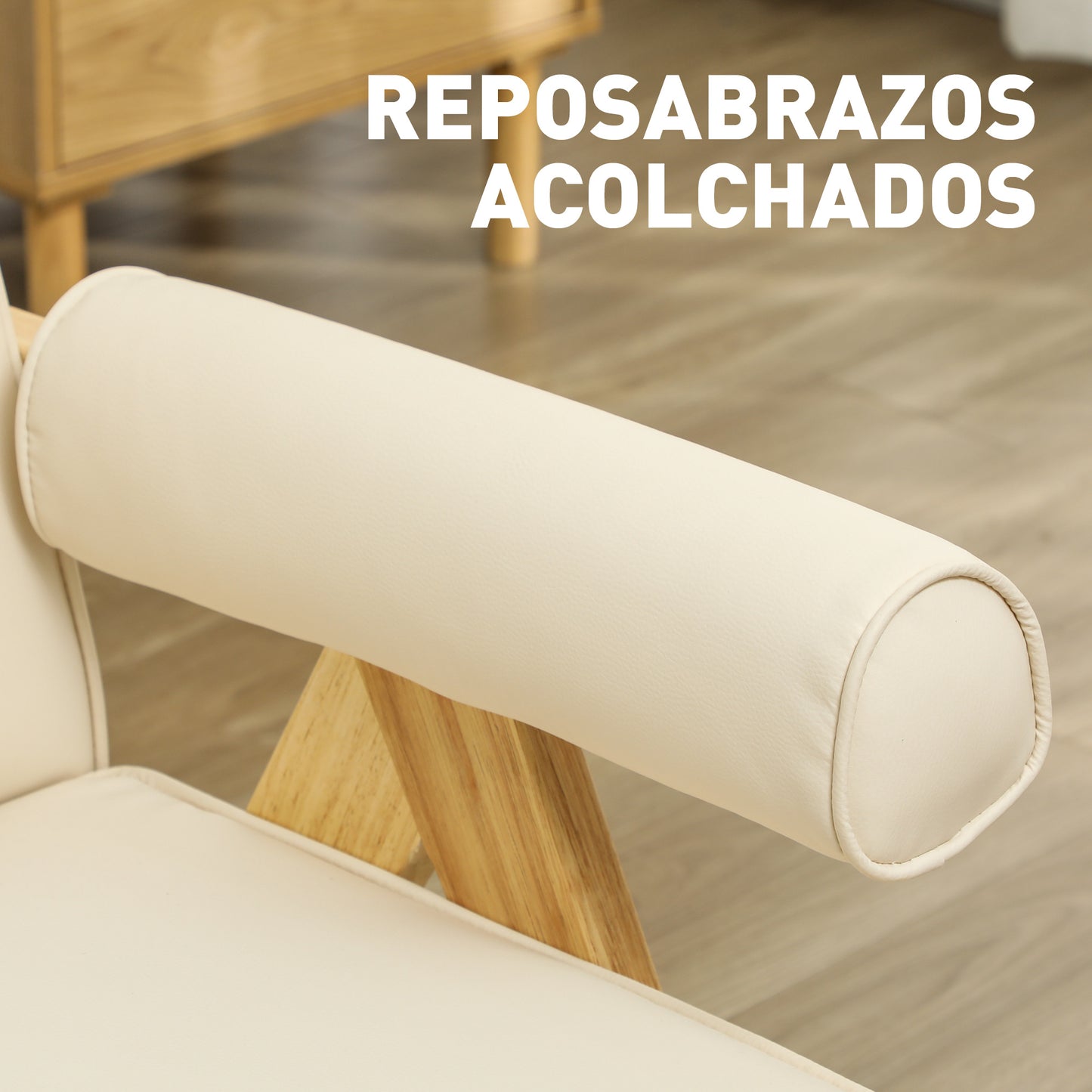 HOMCOM Butaca de Salón Butaca Nórdica Sillón de Salón Tapizado en PU con Reposabrazos y Marco de Madera de Caucho para Dormitorio Carga 120 kg Crema