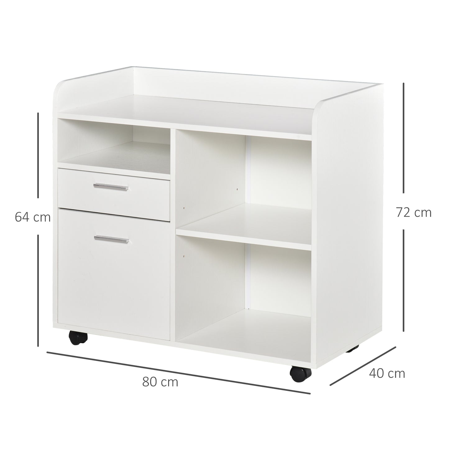 Vinsetto Mueble de Impresora Carro Multifuncional de Oficina con 3 Compartimentos 2 Cajones para Archivos Estante Ajustable Ruedas con 2 Frenos 80x40x72 cm Blanco