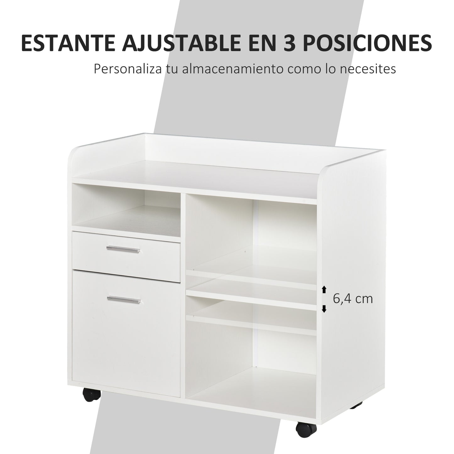 Vinsetto Mueble de Impresora Carro Multifuncional de Oficina con 3 Compartimentos 2 Cajones para Archivos Estante Ajustable Ruedas con 2 Frenos 80x40x72 cm Blanco