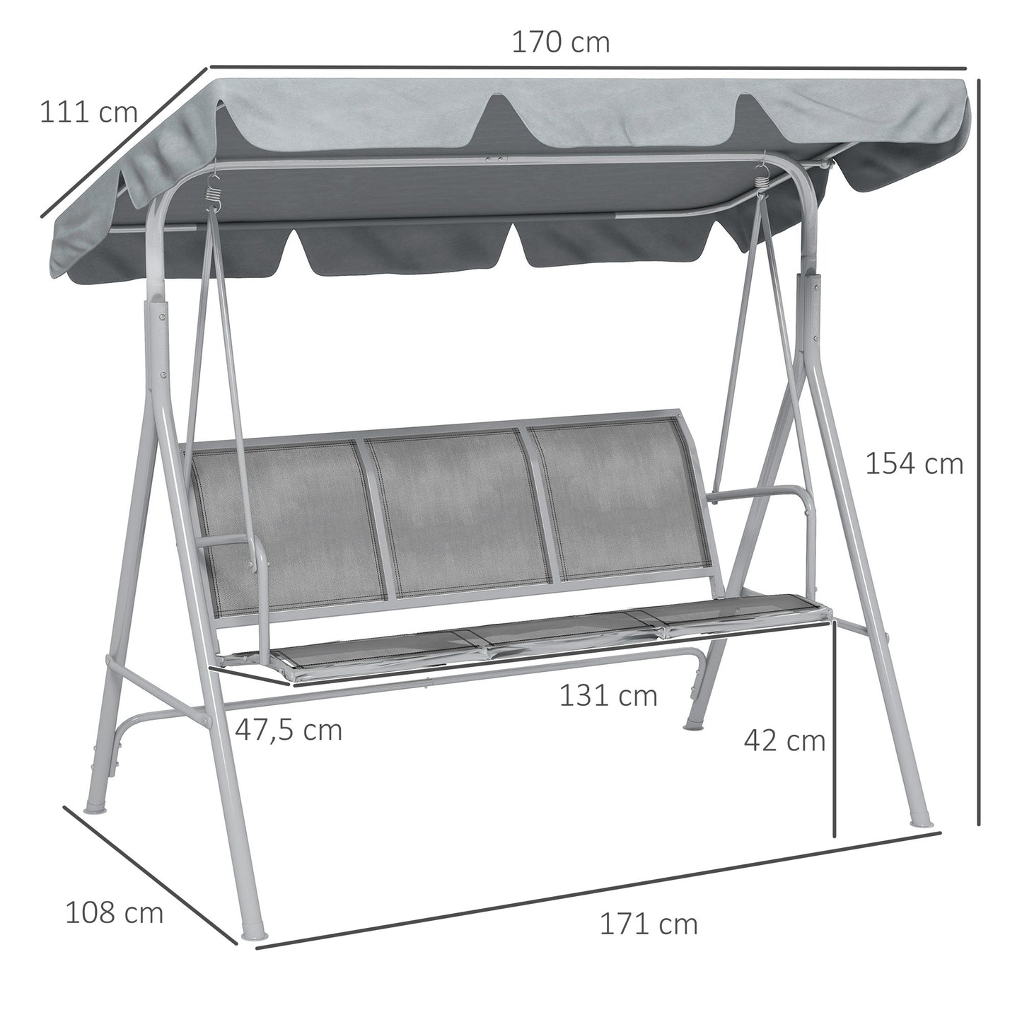 Outsunny Balancín Jardín Exterior Columpio Exterior de 3 Plazas con Toldo Ajustable Respaldo Transpirable y Marco de Metal para Terraza Balcón Carga 240 kg 171x108x154 cm Gris