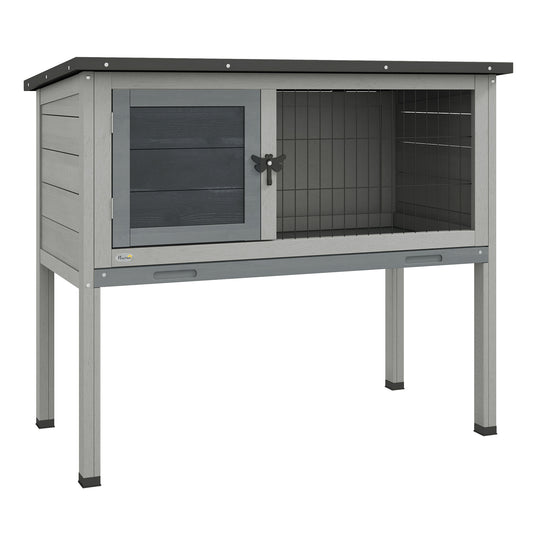 PawHut Conejera de Madera Caseta Exterior Refugio para Mascotas Pequeñas Conejos Cobayas con Bandeja Extraíble y Techo Asfáltico 84x43x70 cm Gris y Negro