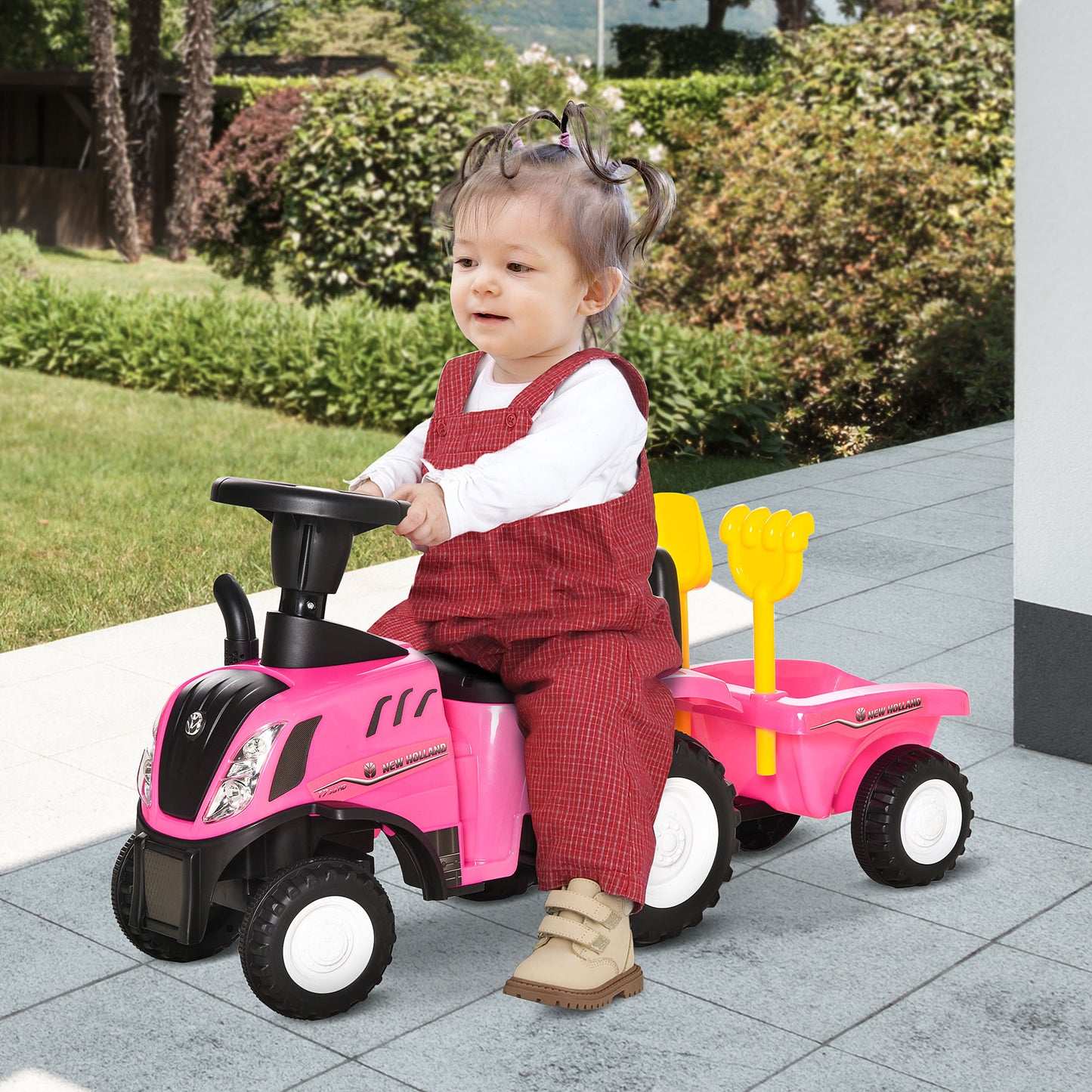 HOMCOM Tractor sin Pedales para Niños de 12-36 Meses con Remolque Extraíble Coche Correpasillos con Bocina Faros Pala Asiento de Suelo 25 cm y Rastrillo Carga 25 kg 91x29x44 cm Rosa